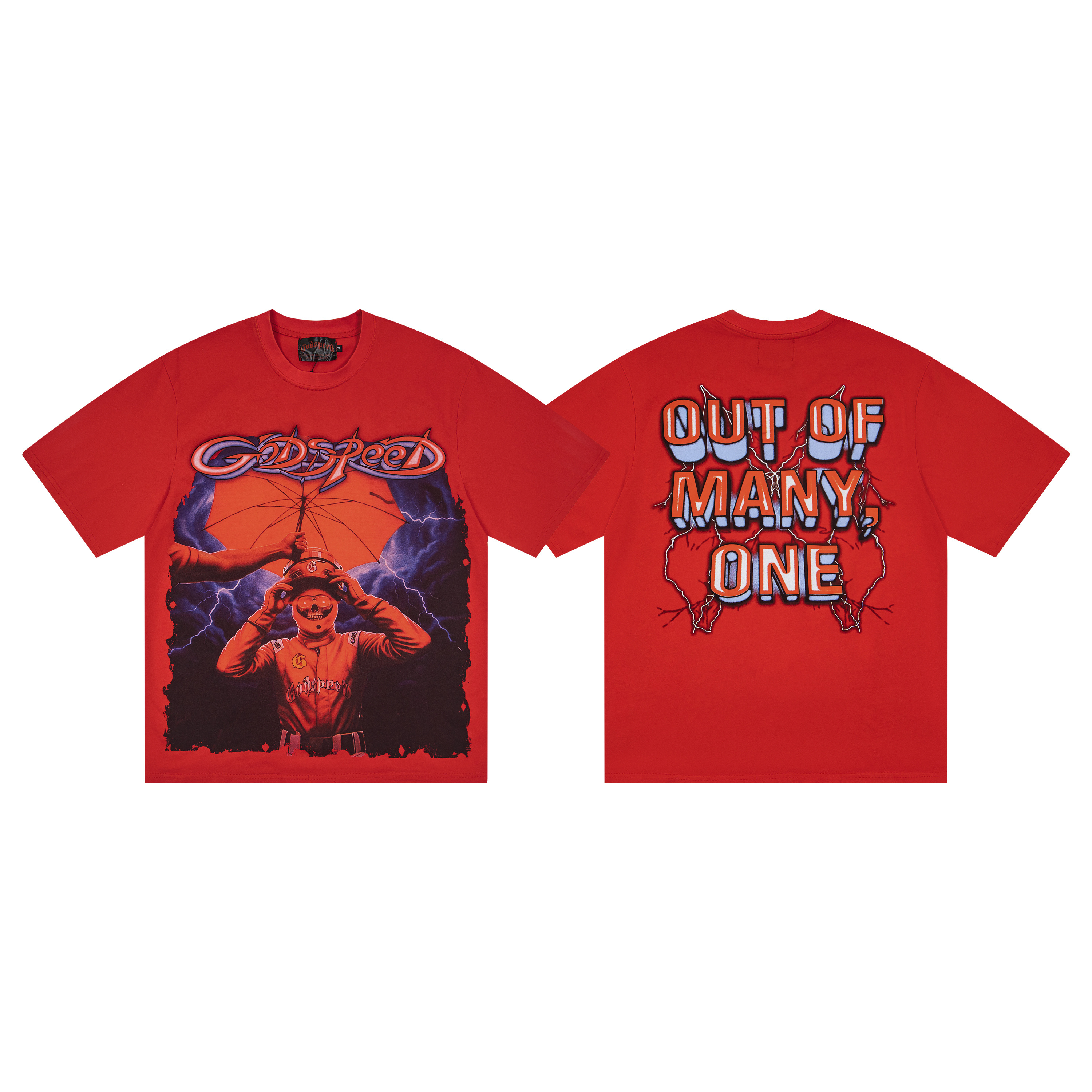 Red umbrella lightning print short-sleeved shirt