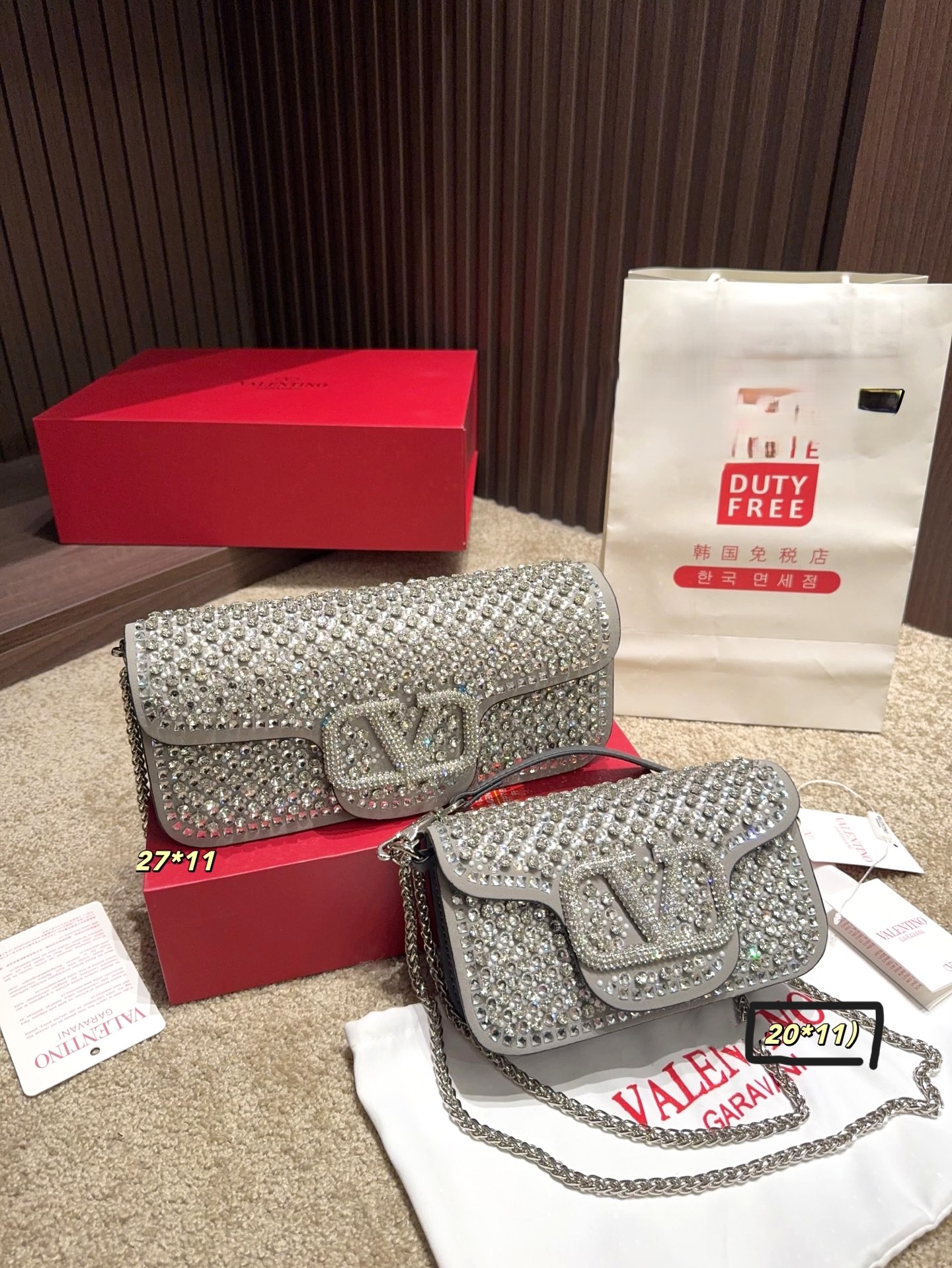 Valentino Garavani Loco Grey Suede All-over Crystal VLogo Flap Chain Rectangular Shoulder Bag