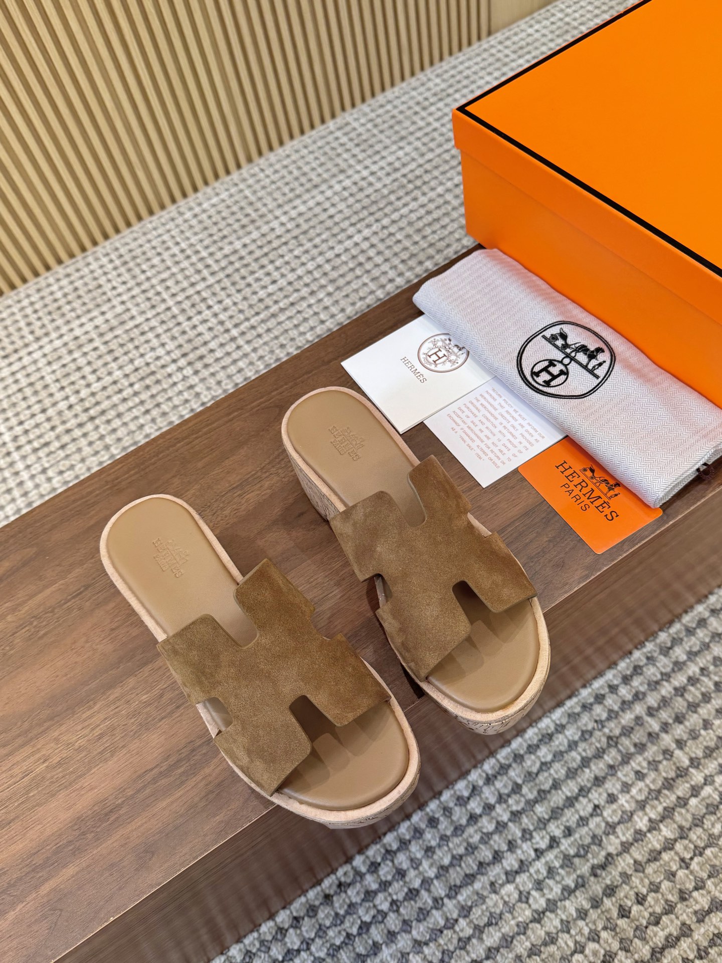 Hermes Brown Suede Leather H-Cutout Cork Sole Slide Sandal
