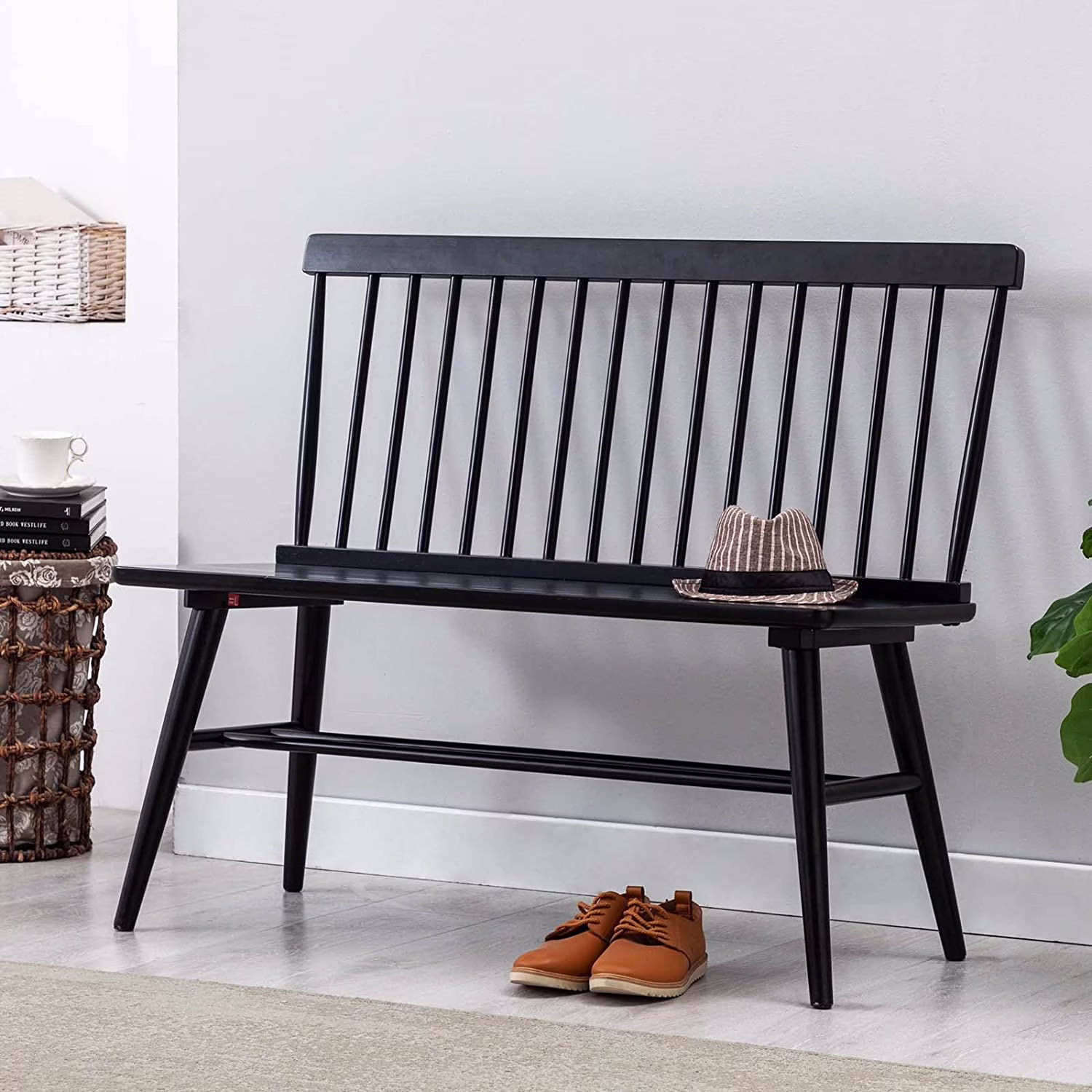 Duhome Entryway Bench, Black Dining Bench with Spindle Back Farmhouse Bench Wood Bench Windsor Bench for Foyer Porch Living Room