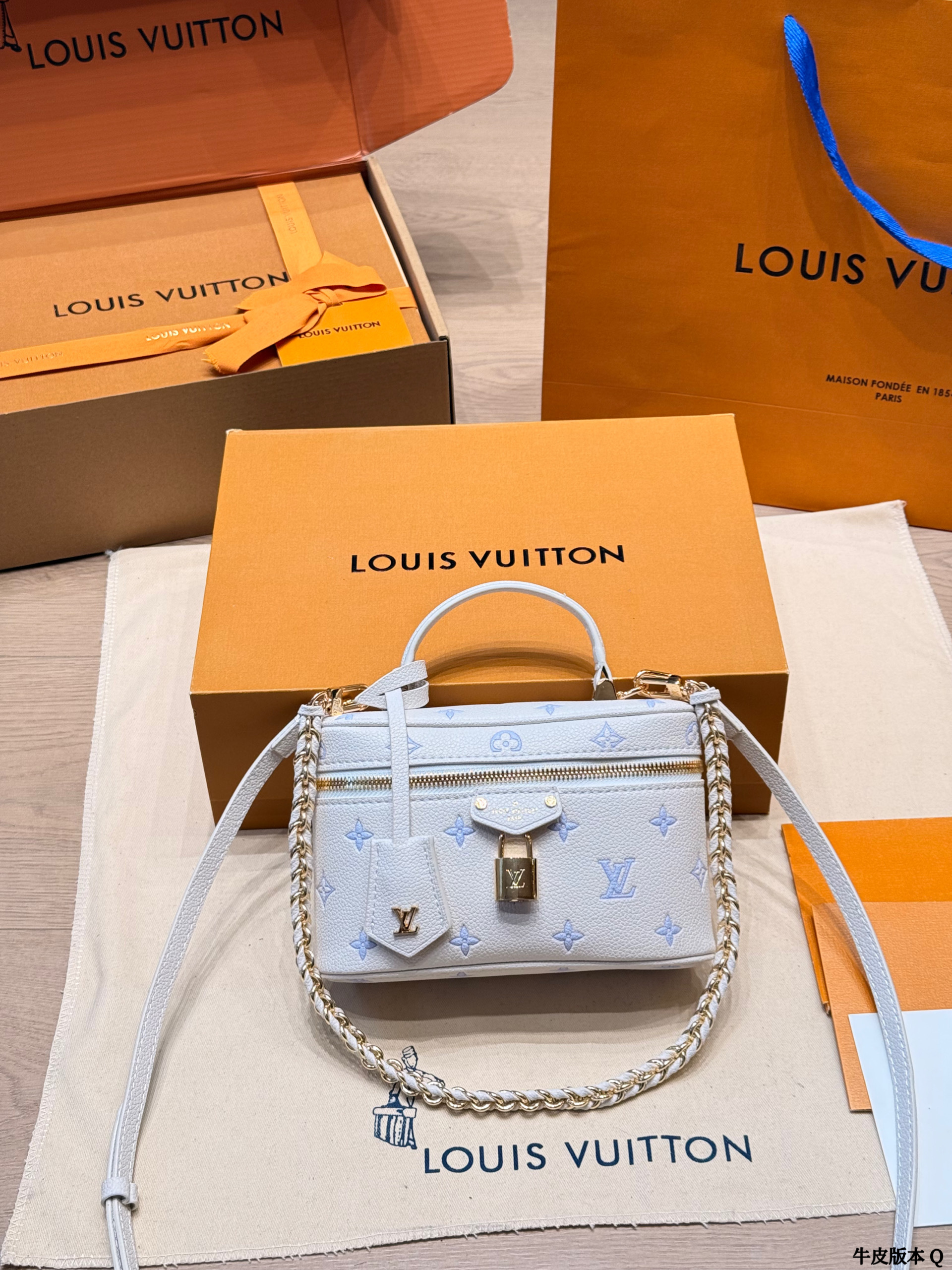 LV Mini Nice Vanity Cream Base Blue Monogram Crossbody Top Handle Bag