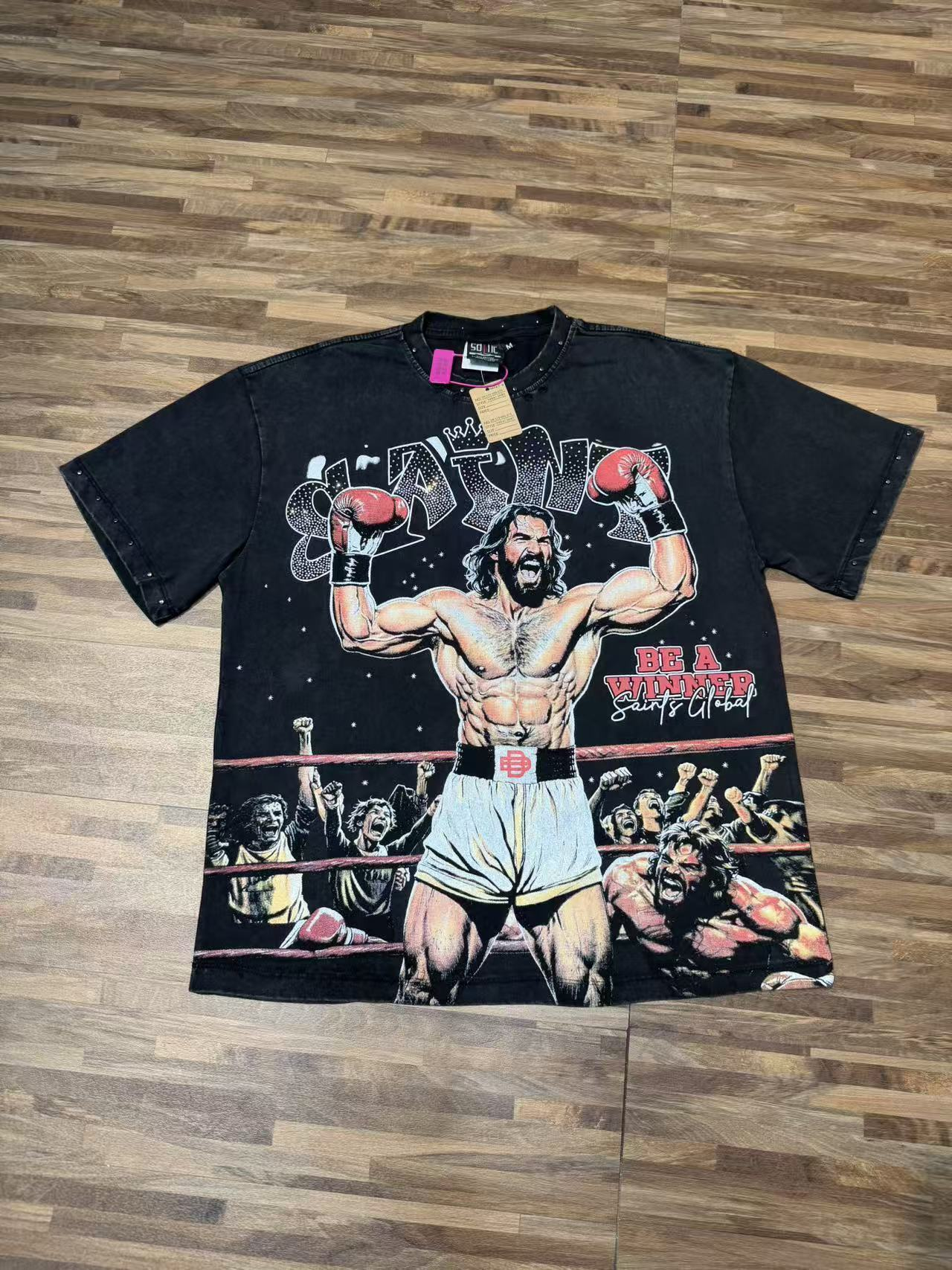 Washed black cheering boxer match printed short-sleeved T-shirt