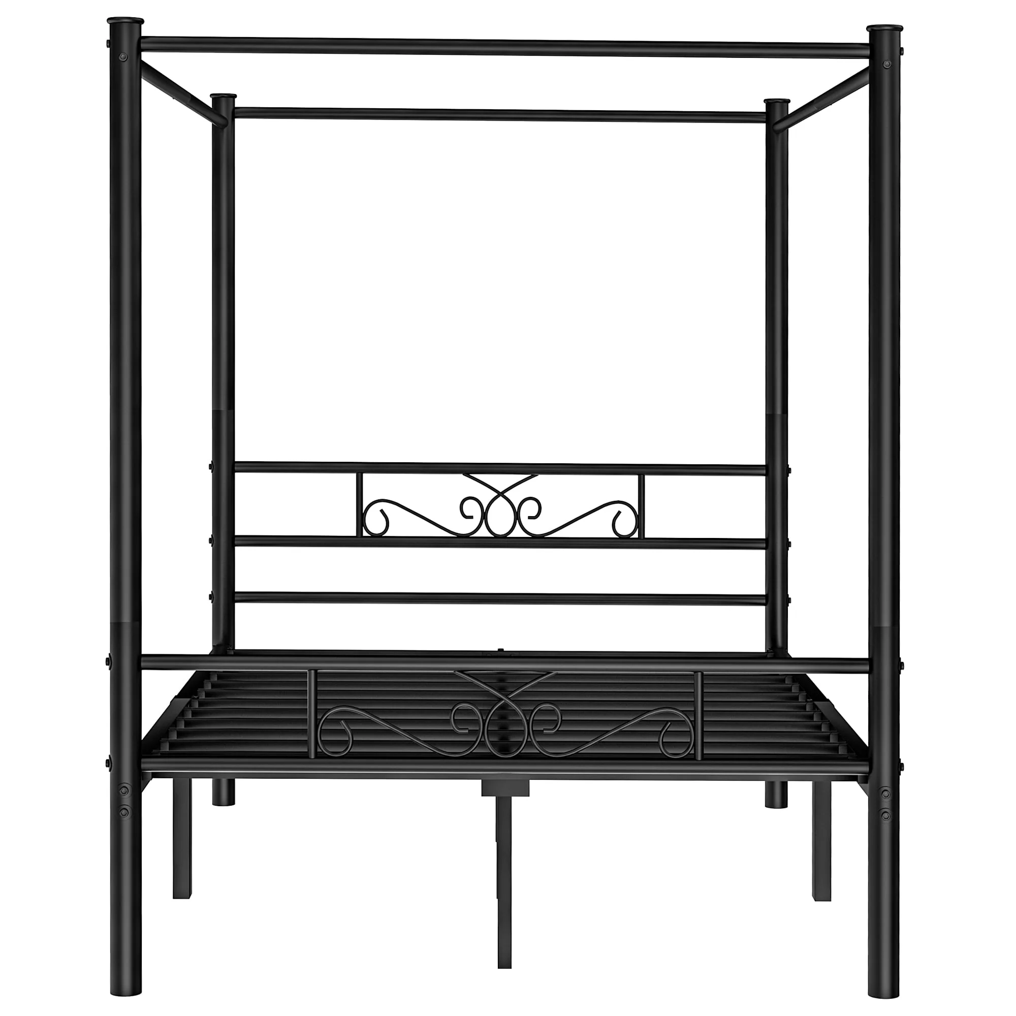 Codesfir Queen Size Metal Canopy Bed Frame, Four-Poster Canopied Platform Bed Frame with Headboard and Footboard, Sturdy Metal Slatted Structure, No Box Spring Needed, Easy Assembly, Black