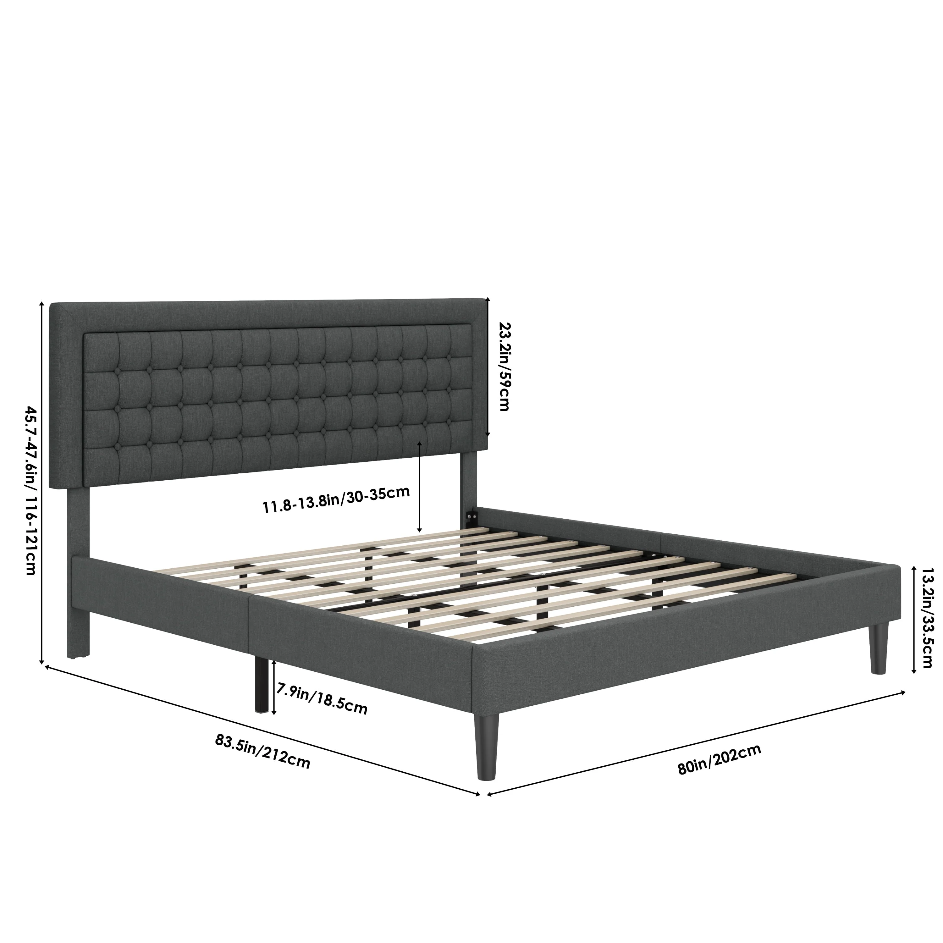 Homfa King Size Bed Frame, Modern Platform Bed Frame with Adjustable Button Tufted Upholstered Headboard, Wood Slat Support, Gray