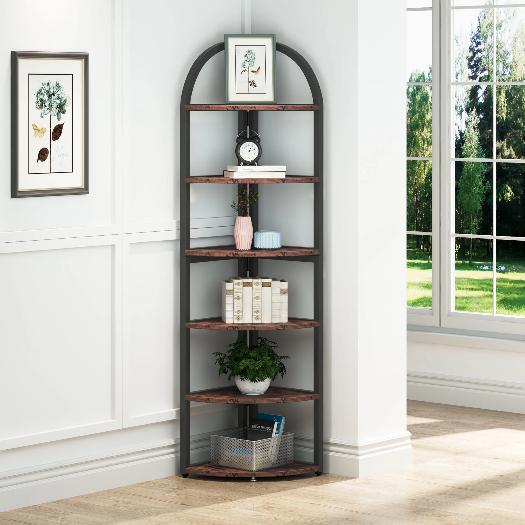 Tribesigns 6 Tier Tall Adjustable Corner Bookcase, Particleboard Rustic Brown, 70.87"