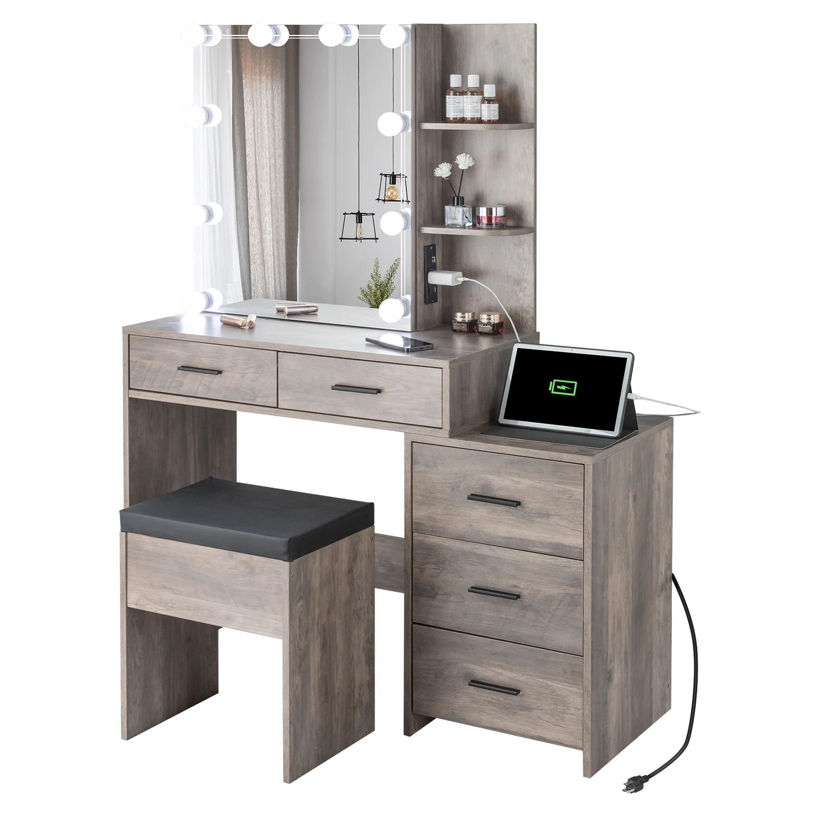 Gundir LED Makeup Vanity Desk with Sliding Mirror, 10 Lights Bulbs & Charging Station - Vanity Dressing Table with 5 Drawers, 2 Shelves & Stool