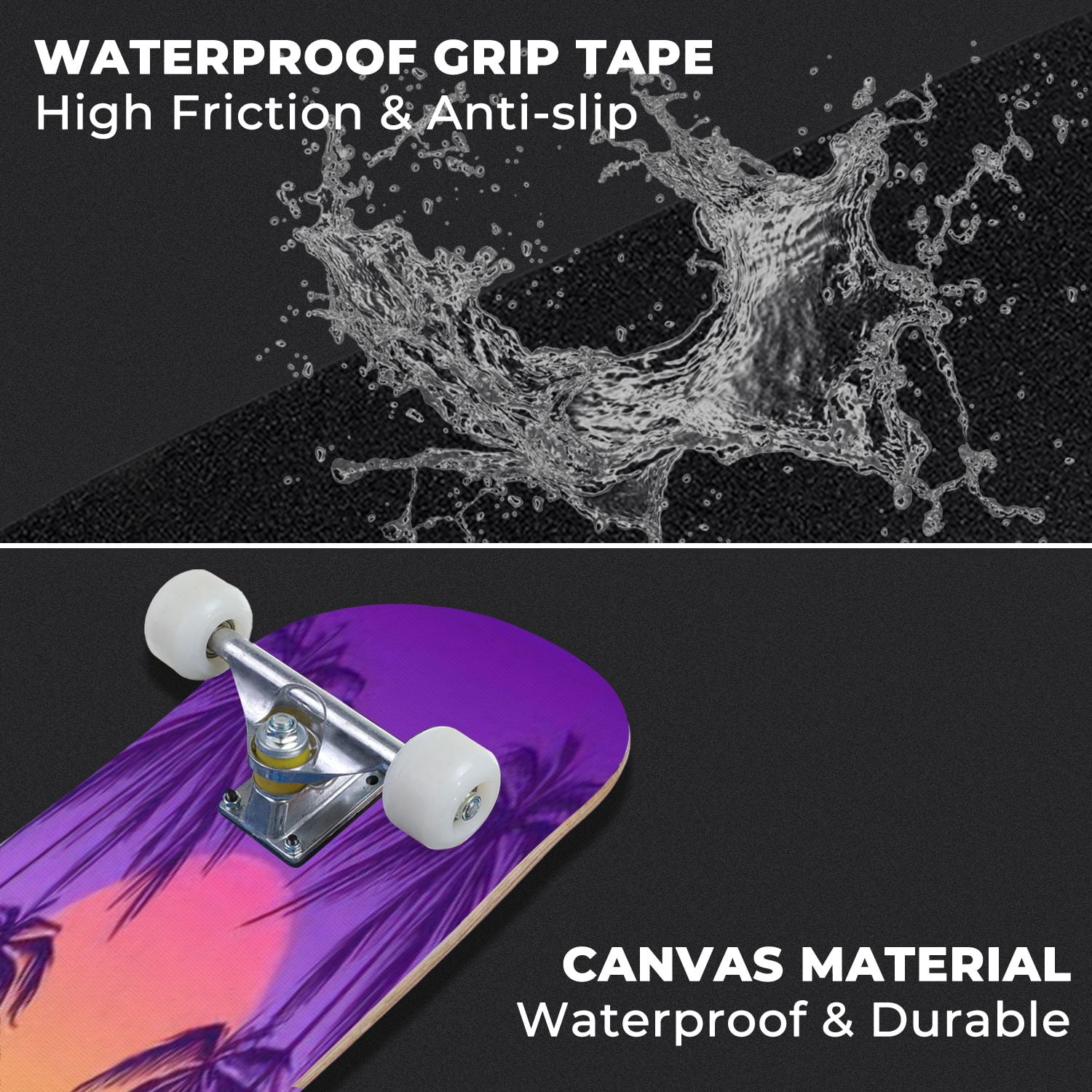 31'' Complete Skateboard for Kids 7 Layer Canadian Maple Double Kick Deck Skateboards sunset palm trees trendy purple design for congratulation Boys Skate Board for Girls Beginner Adult