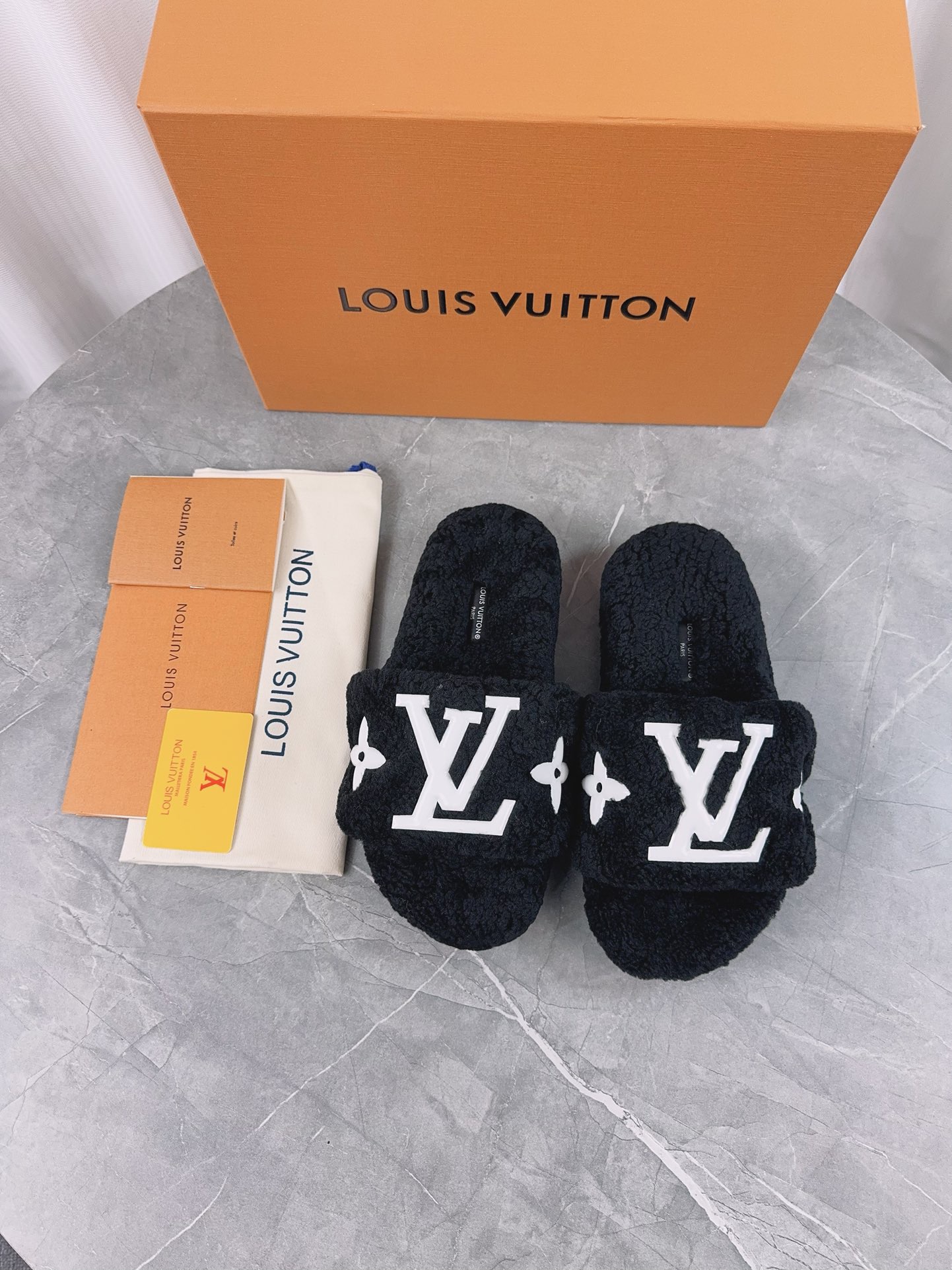 LV His & Hers Furry Slippers Sandals Black
