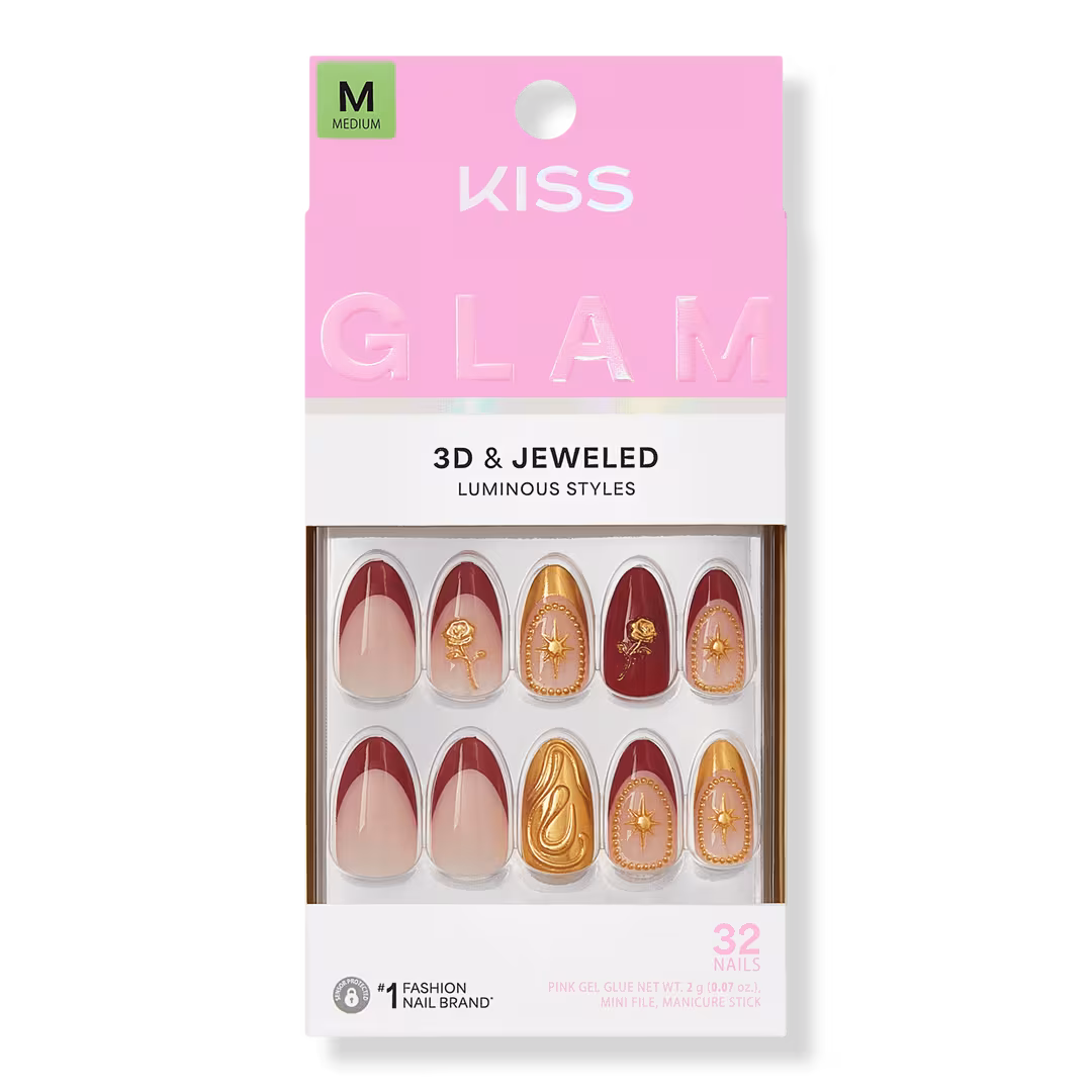 Kiss  Glam Jeweled Medium Almond Press On Nails, Weekends