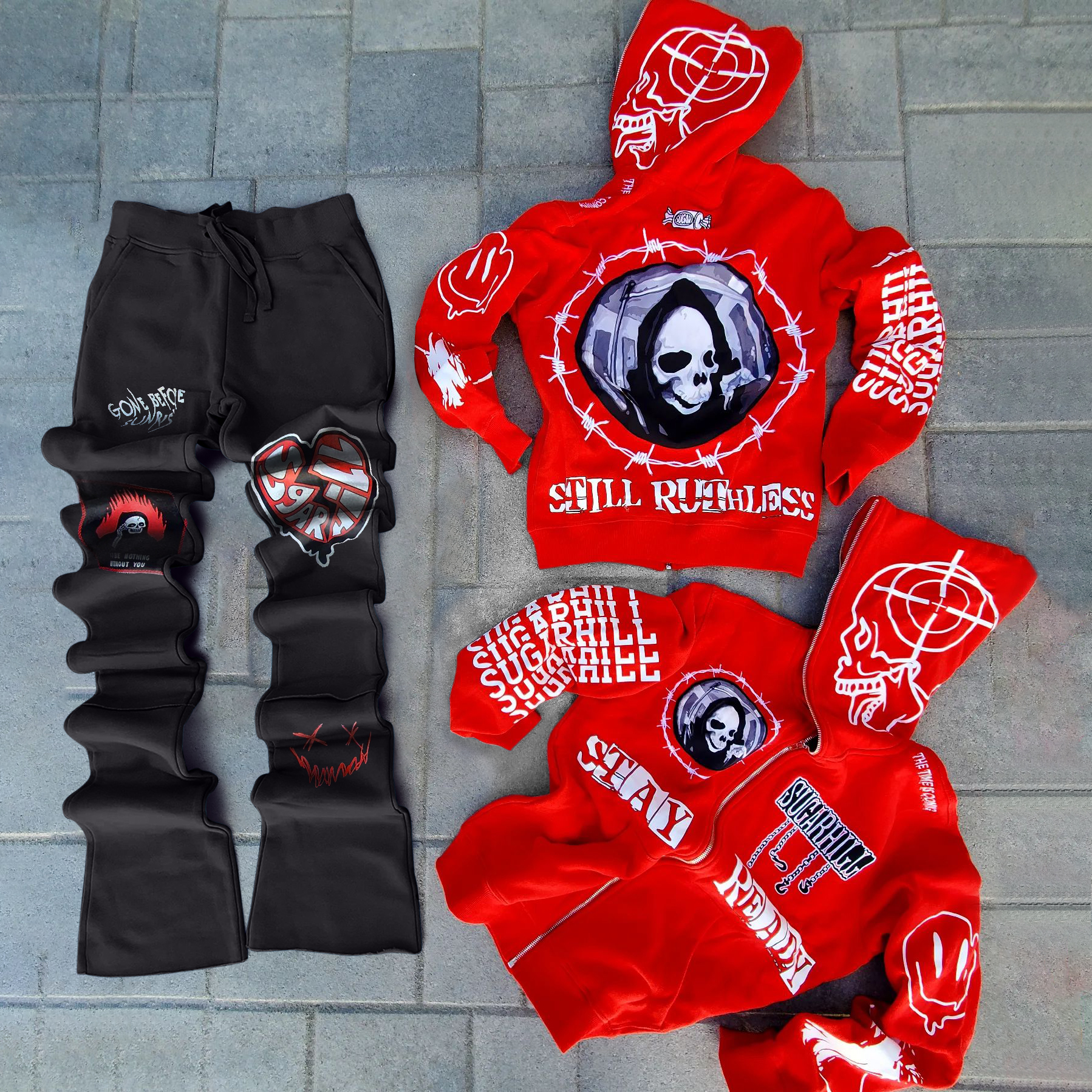 Casual Retro Skull Full Zip Hoodie Set