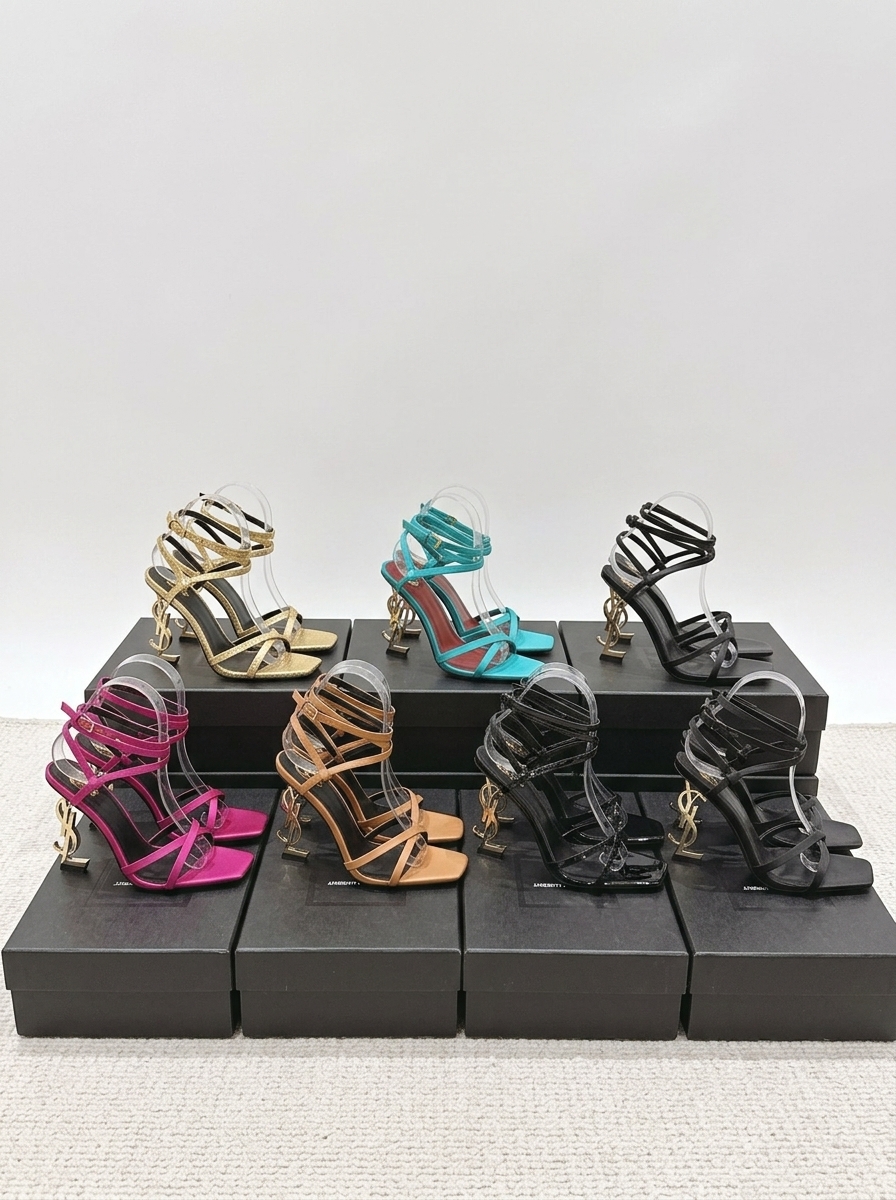 YSL Satin/Patent/Smooth Leather Square Toe Crisscross Strappy Cassandre YSL Logo Opyum Heel Sandals