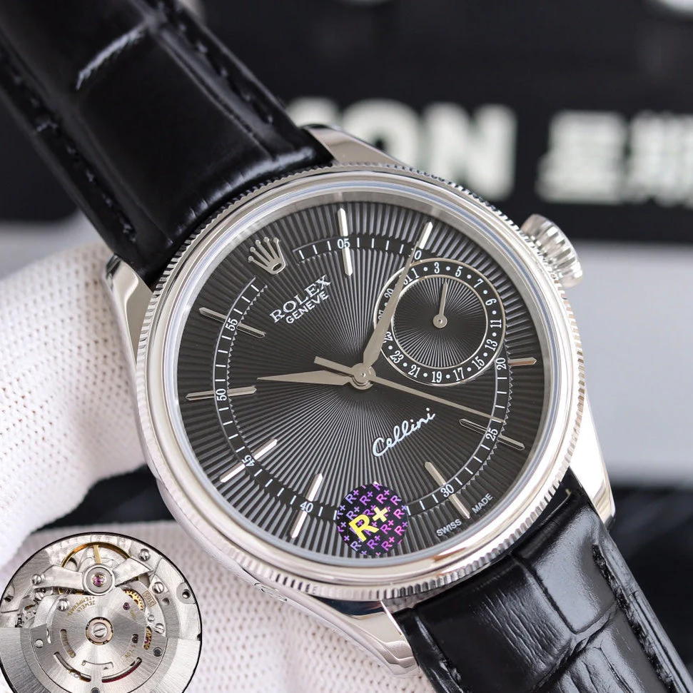 Rolex Watch Cellini 39mm Silver Black Leather