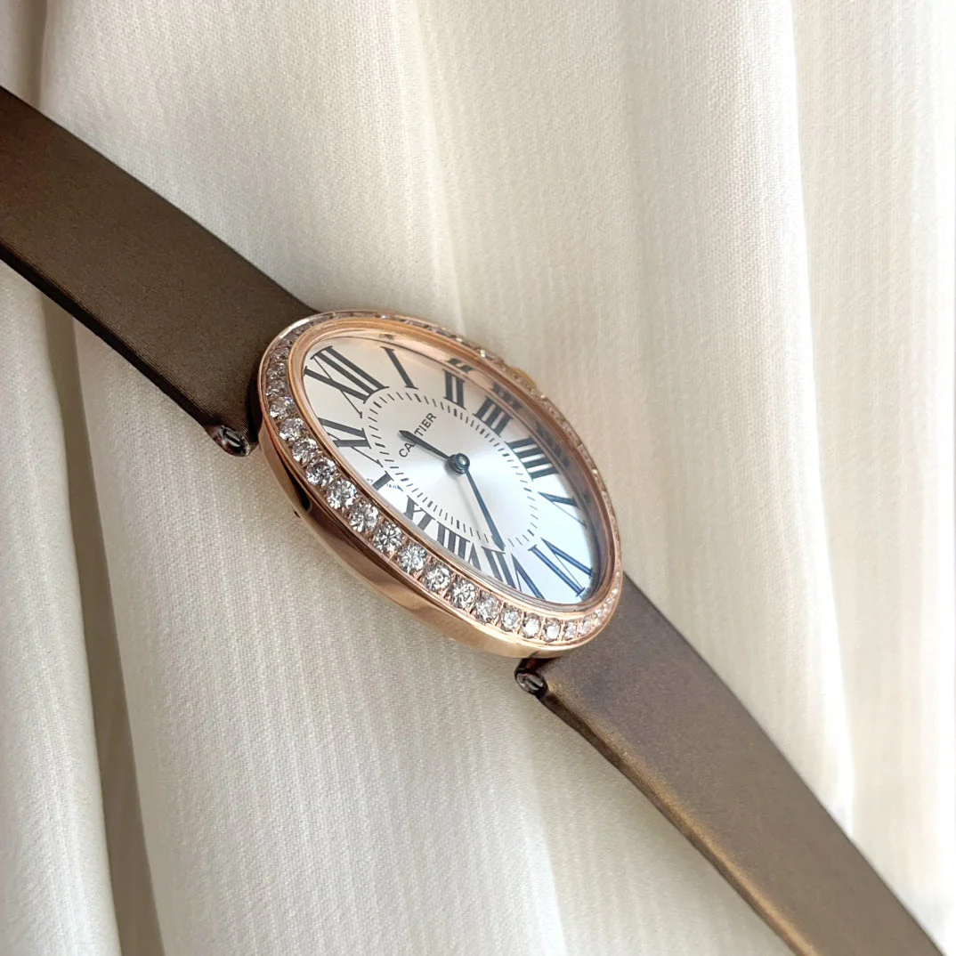 Cartier Watch Baignoire 28mm Pink Gold Diamond Case Black Silk Leather