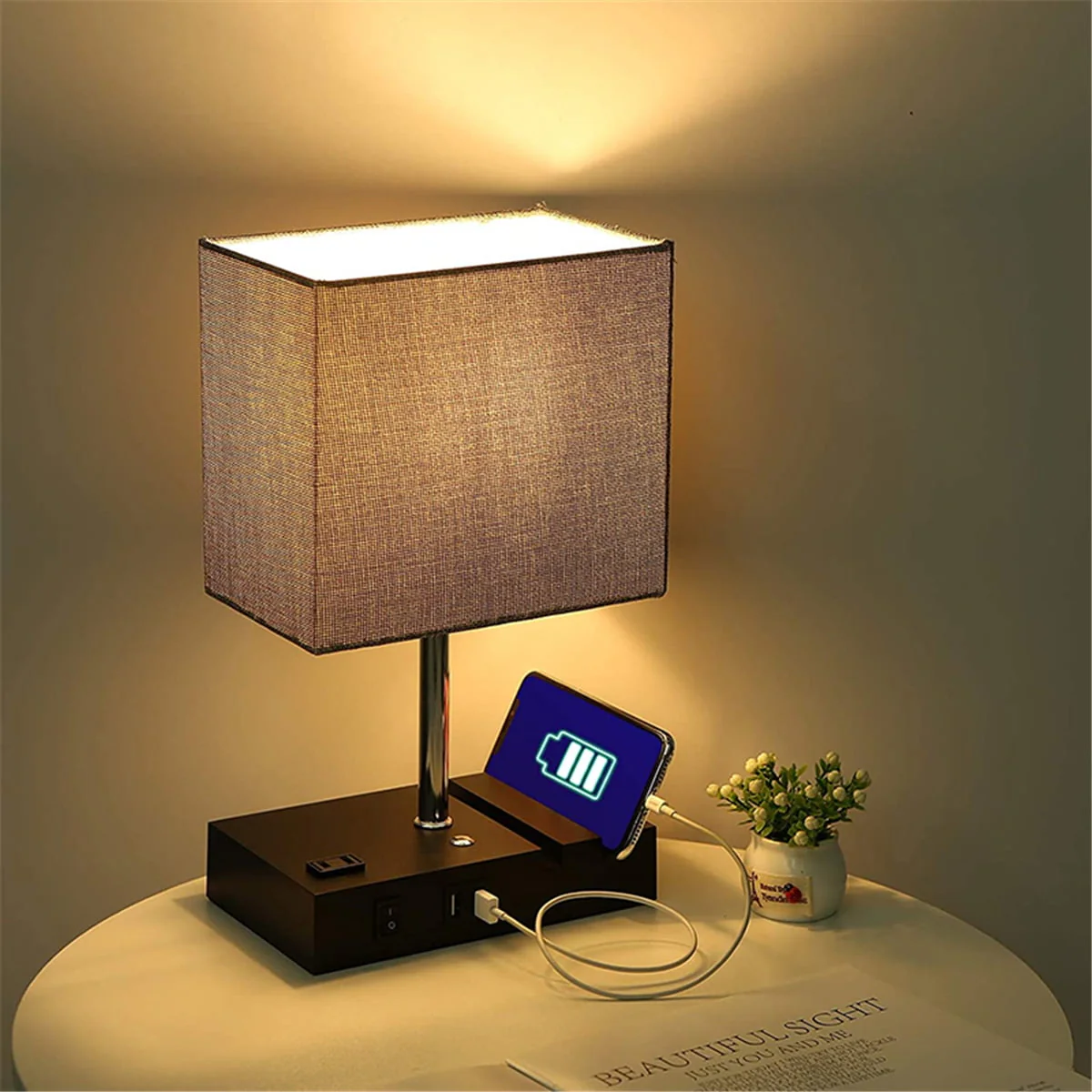 Bedside Tabel Lamp with 2 USB Port, Touch Control Table Lamp 3 Way Dimmable 1 AC Outlets and 2 Phone Stands, Nightstand Lamp with Black Wooden Base and Grey Shade Suitable for Kids Room, College Dorm