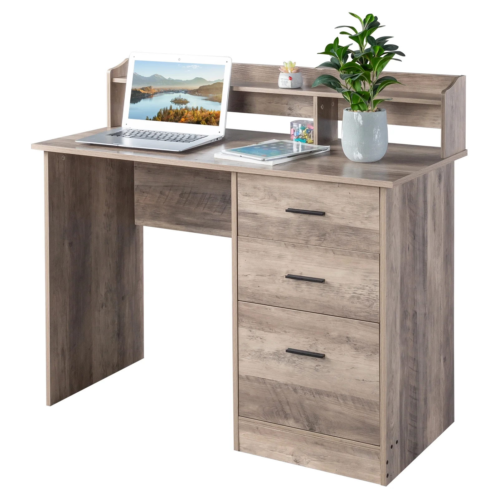 Ktaxon Wood Computer Desk Office Laptop PC Work Table, Writing Desk with 3 Drawers File Cabinet for Letter Size,Gray