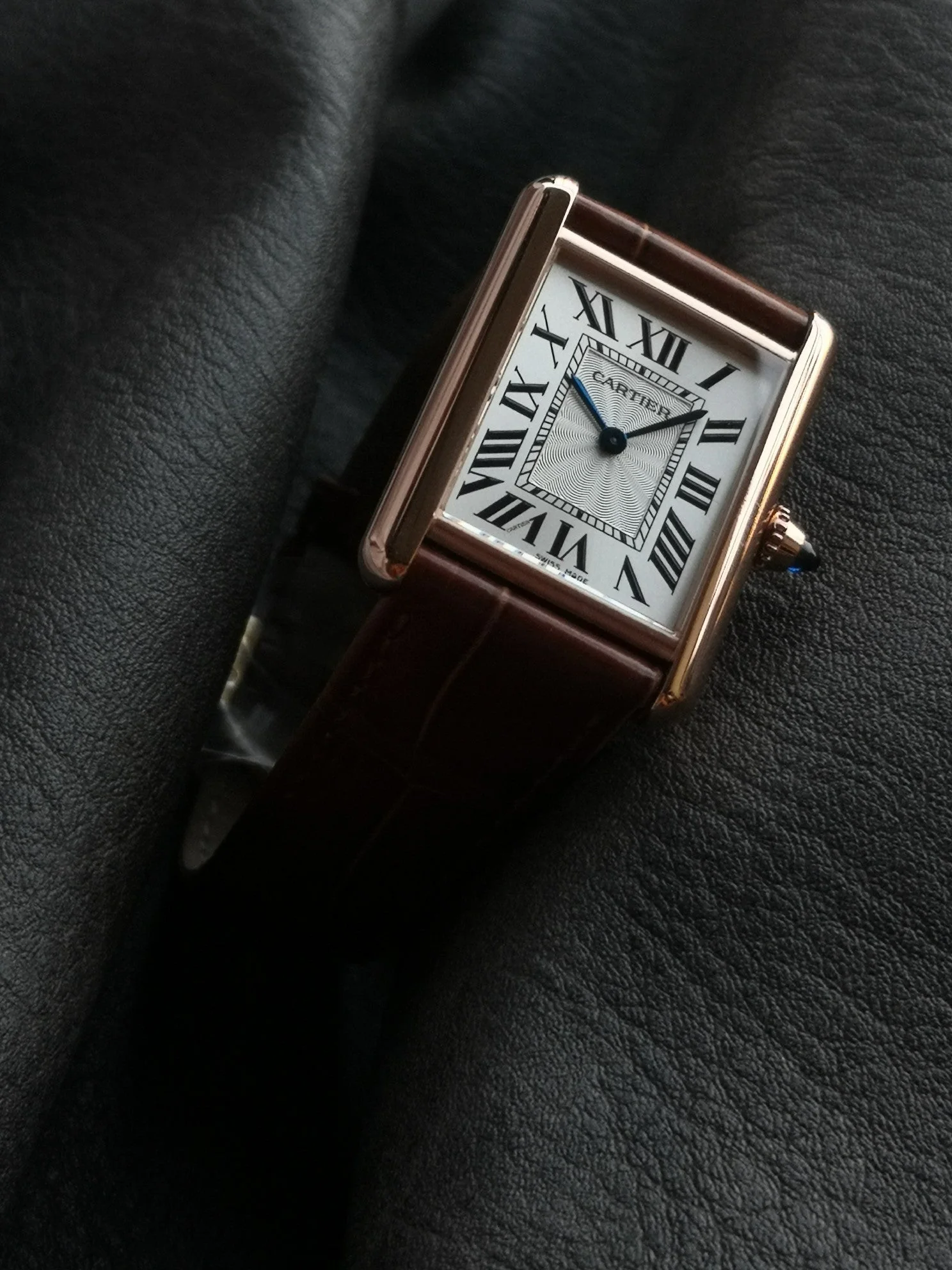 Cartier Watch TANK MUST PINK GOLD BURGUNDY CROCODILE