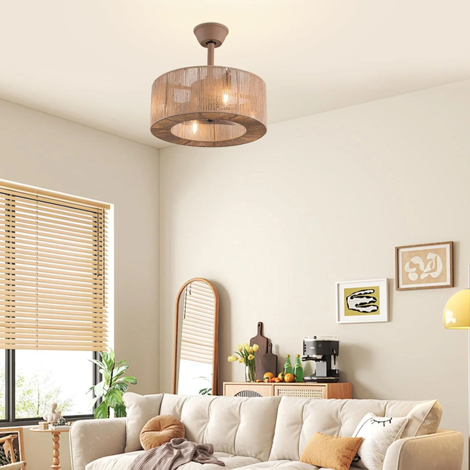 Caged Invisible Ceiling Fan with Light, 3 Speeds Adjustable,Enclosed Ceiling Fan Lights with Remote, Industrial Low Profile Fans for Living Room, Bedroom, Kitche (18 inches)