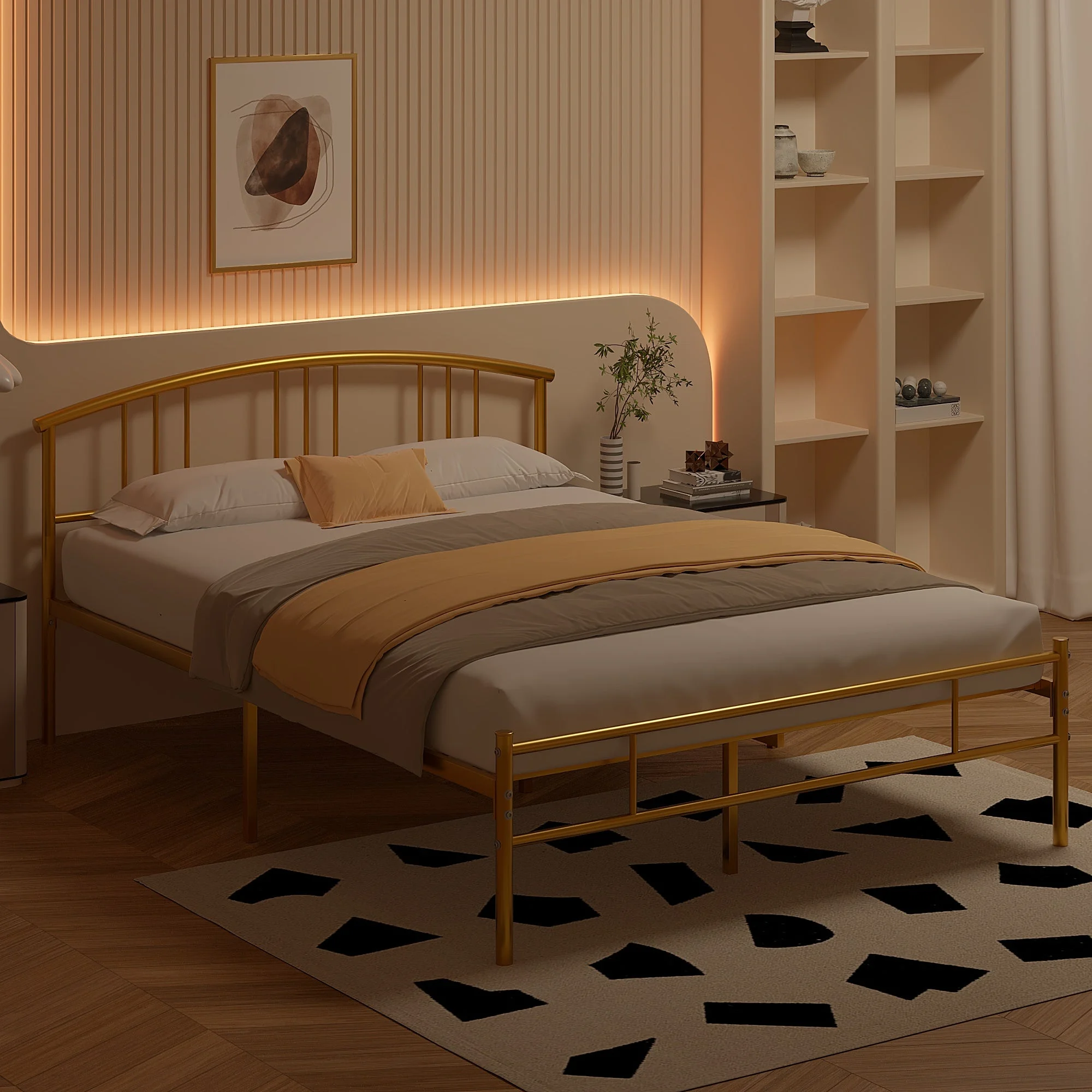 VECELO Queen Size Bed Frame with Arched Headboard, Metal Platform Bed Frame with Underbed Storage Space, Heavy Duty Slats, No Box Spring Needed, Easy Assembly, Gold