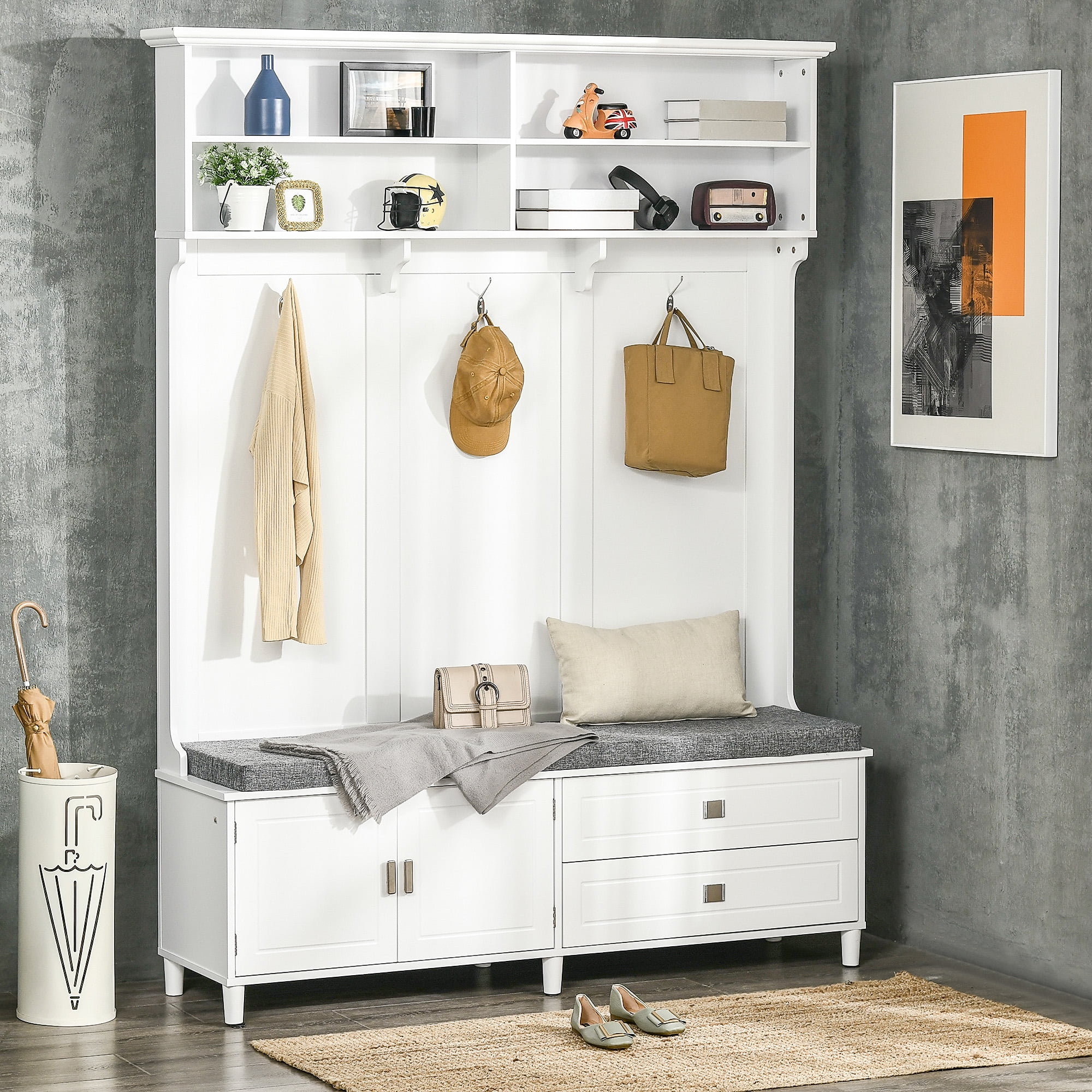 HOMCOM Hall Tree with Storage Bench, Entryway Bench with Coat Rack, Accent Coat Tree with Storage Shelves, Cabinet and Drawers for Hallway, Mudroom, White