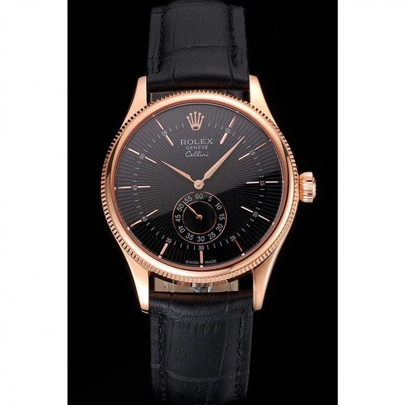 Swiss Rolex Cellini Black Dial Rose Gold Case Black Leather Strap