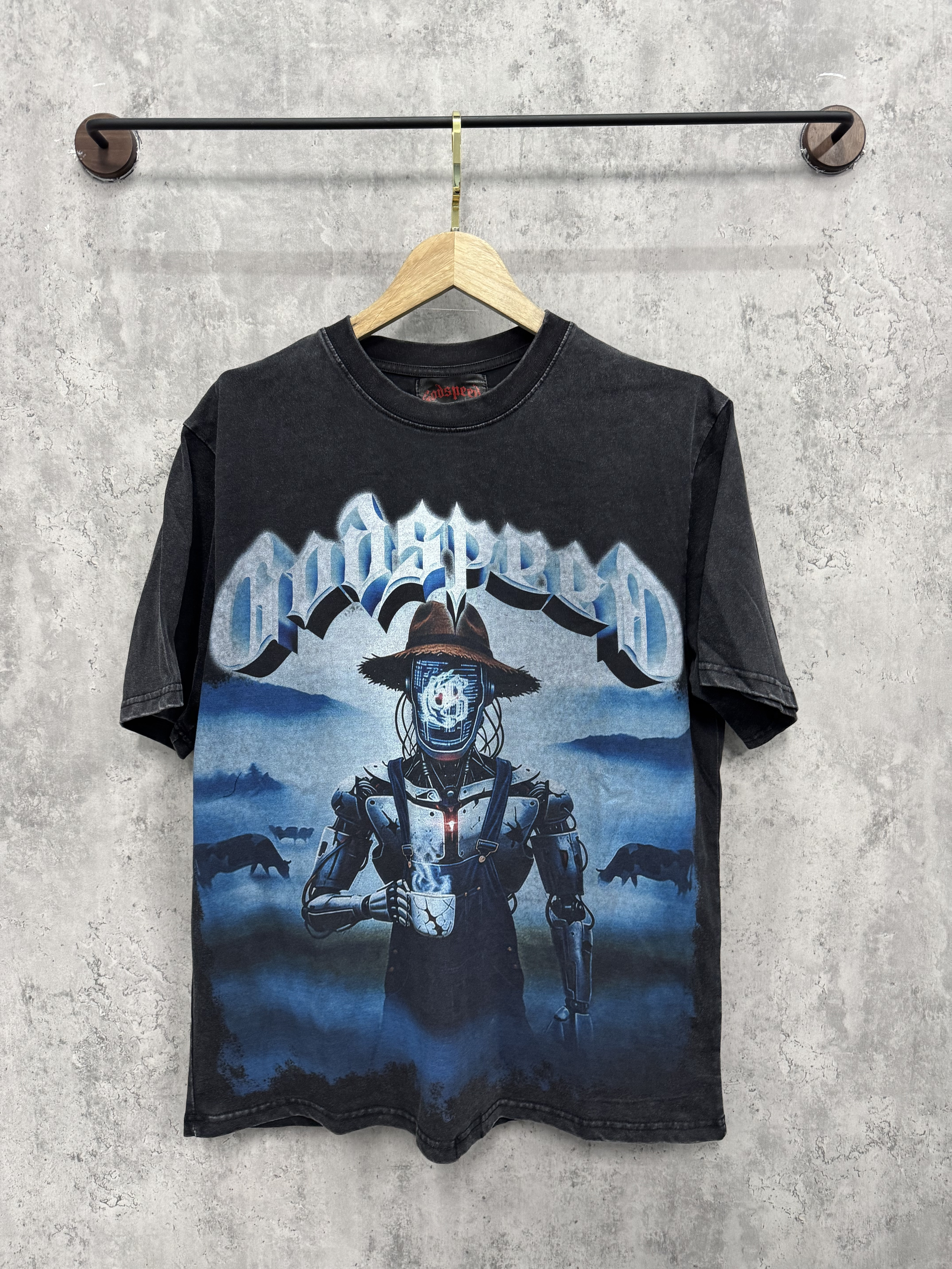 Blue straw hat robot printed washed short-sleeved shirt