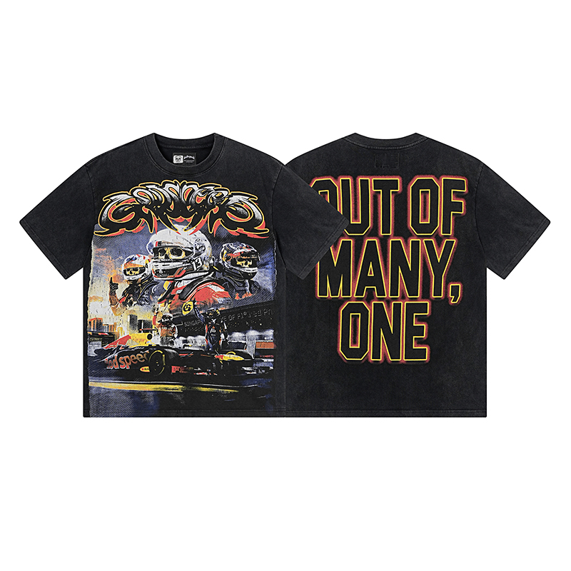 Black skull racer print vintage washed vintage print pure cotton short sleeve