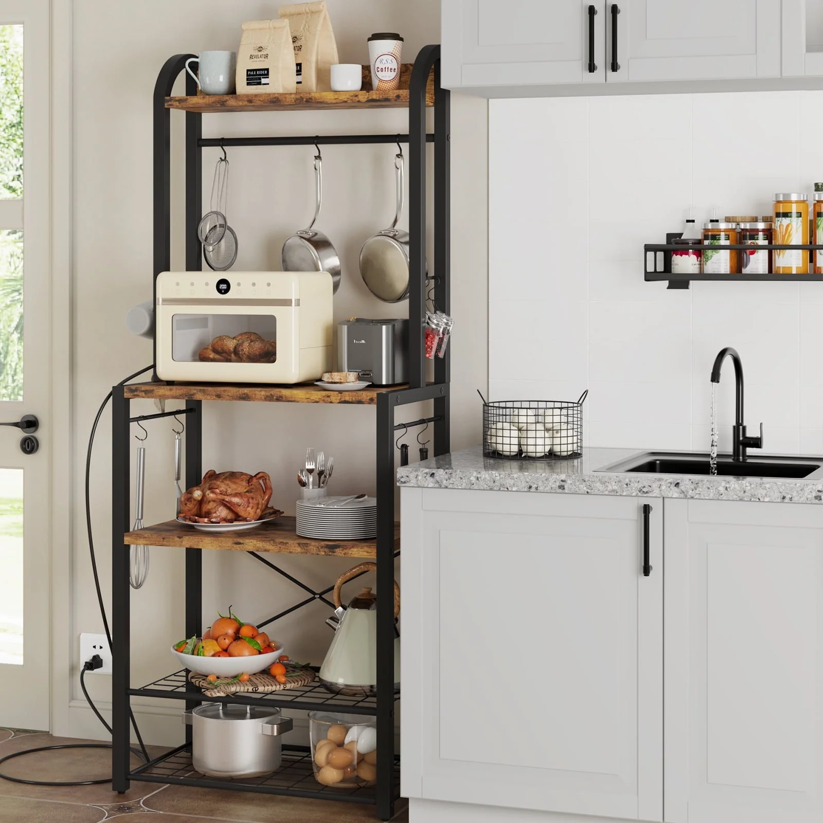 Bakers Rack with Power Outlet, Microwave Stand, Coffee Bar Table Station with Metal Wire Panel, Kitchen Storage Rack with 8 Hooks, Buffet Table with Hutch, Rustic Brown