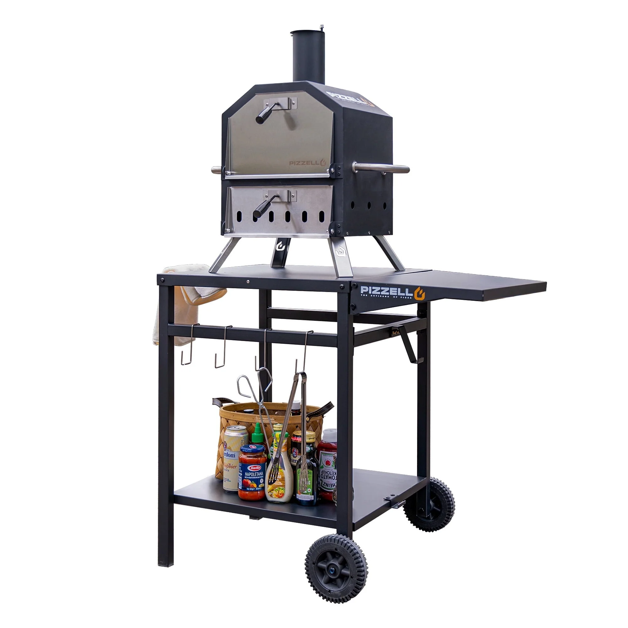 Pizzello Outdoor Pizza Oven 12" Wood Fired 2-layer Design + Grill Stand Cart Convertible Countertop