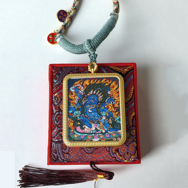 Hand-Painted Six-Armed Mahakala Pendant Necklace - Tibetan Buddhist Protector & Gold Frame • Multi-Armed Deity • Spiritual Armor Jewelry