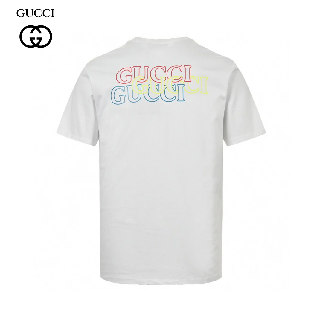 Gucci White T-Shirt with Blue Vertical Logo Patch