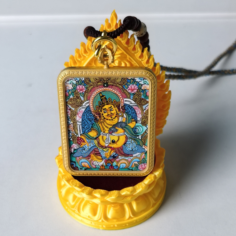 Hand-Painted Yellow Jambhala Thangka Pendant - Symbol of Fortune & Prosperity