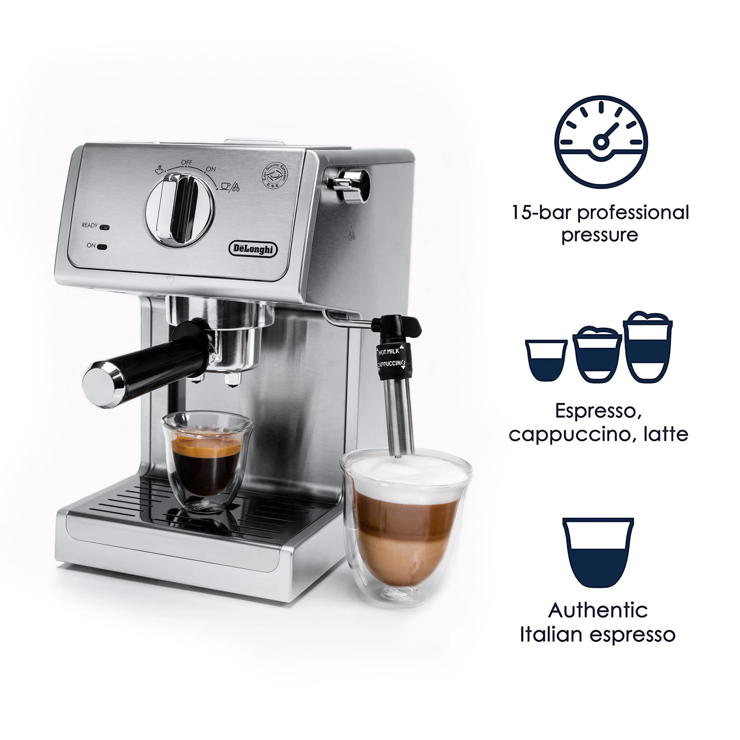 DeLonghi 15 Bar Stainless Steel Espresso and Cappuccino Machine with Premium Adjustable Frother