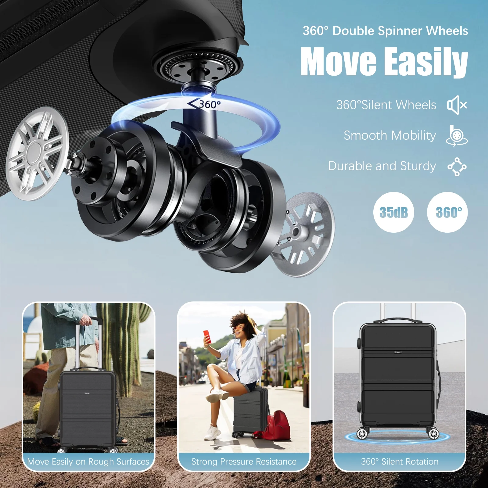 4 Piece Hardshell Luggage Sets, 3 Set Hardside Lightweight Suitcase with Duffel Bag Carry on Travel Luggage with TSA Lock Spinner Wheels, 20in24in28in, Black