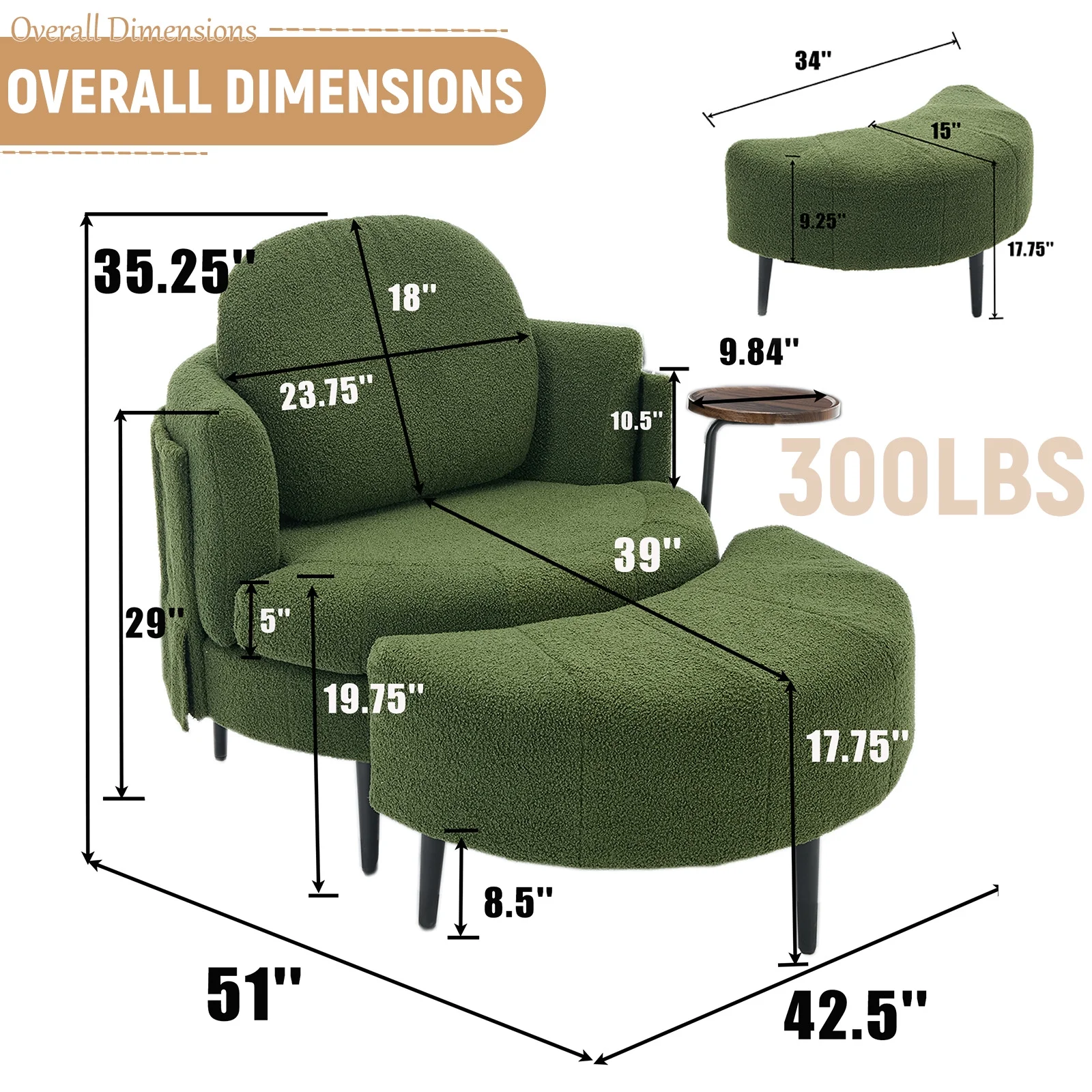 42.5" W Oversized Chaise Lounge Indoor, Reclining Chair with Ottoman, Chenille Upholstered Reading Chair with Removable Headrest, Wraparound Armrests for Small Living Room, Study (Green)