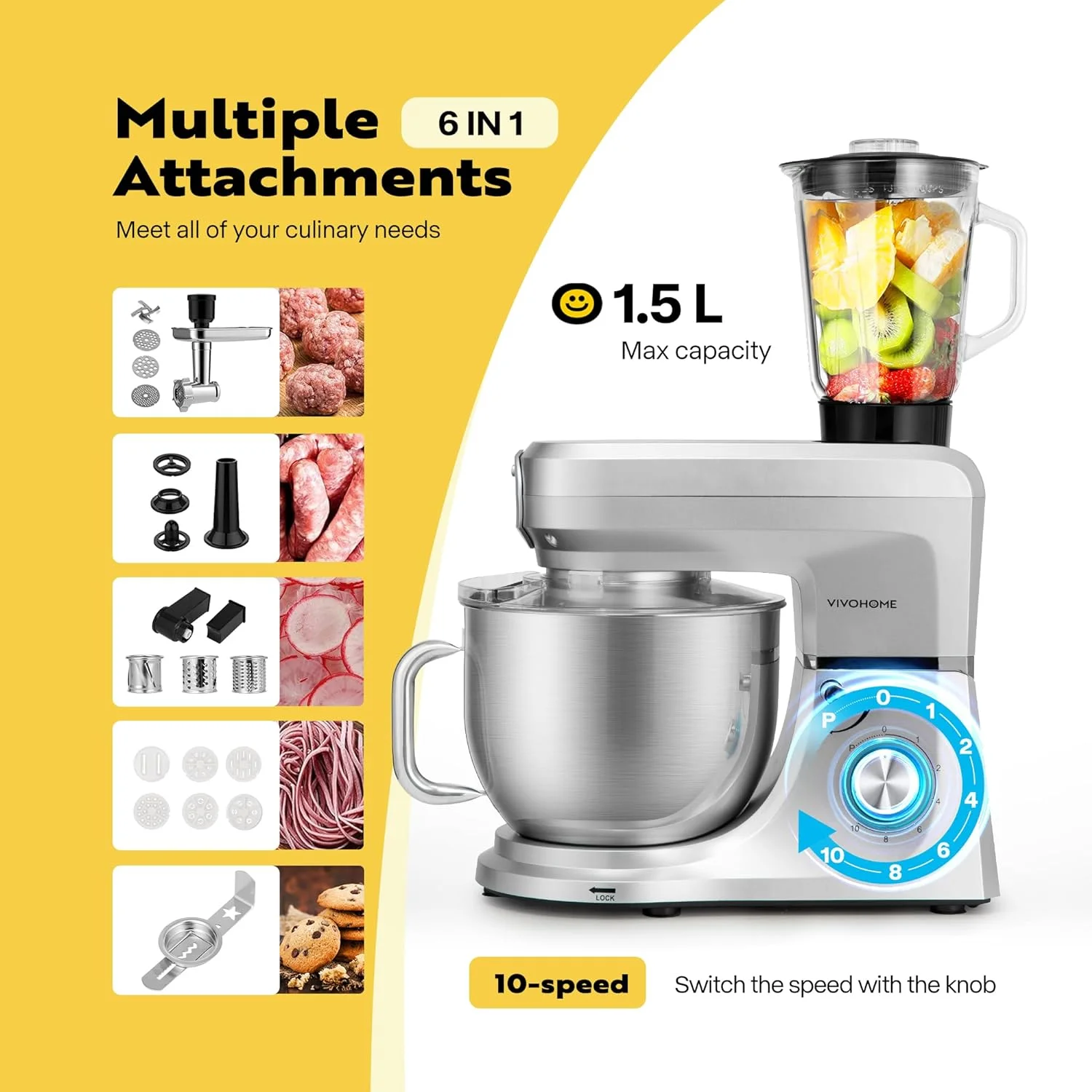 SPECSTAR 6 in 1 Multifunctional Stand Mixer with 8.5 Quart Stainless Steel Bowl, 660W 10 Speed Tilt-Head, Silver