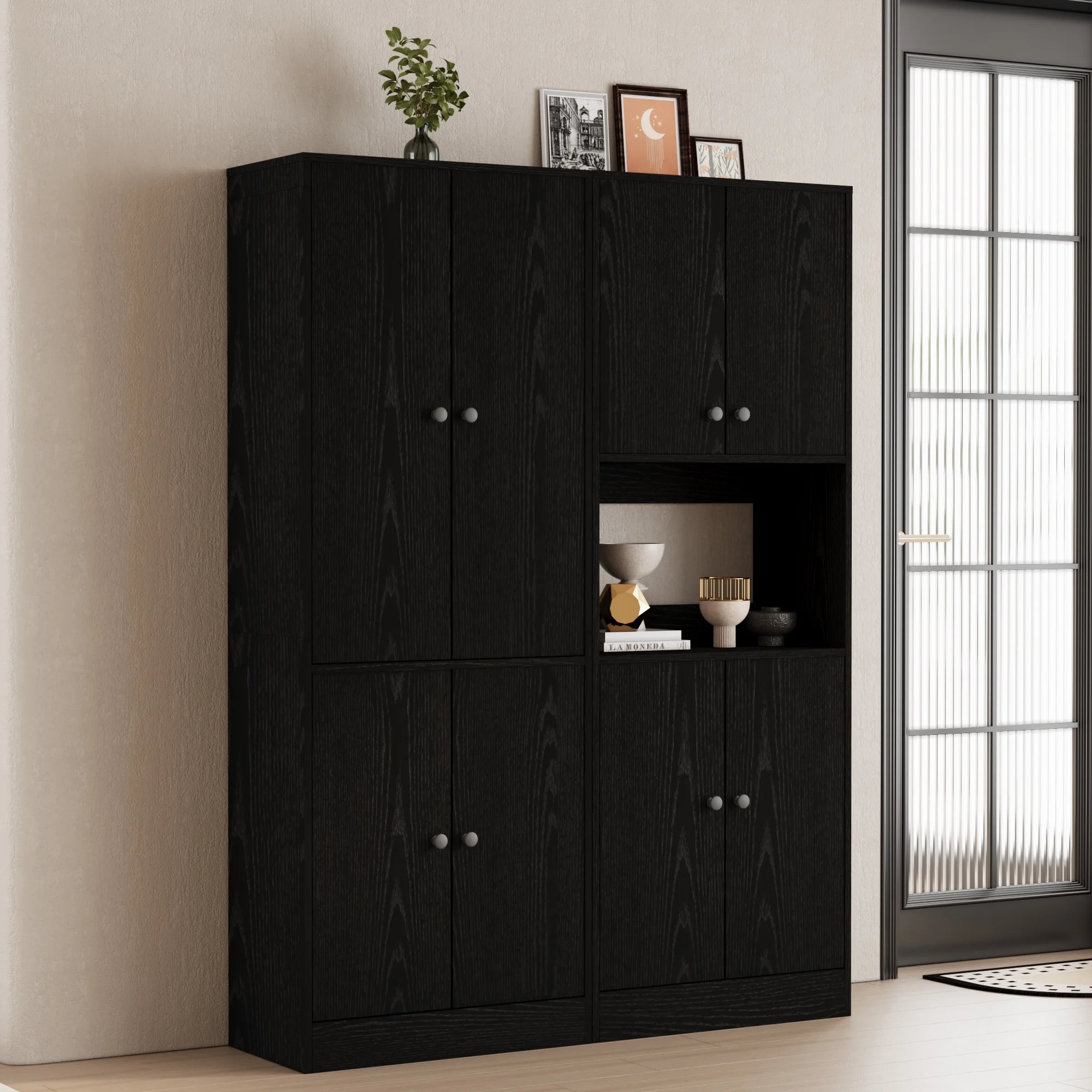 RichYa 71"H Tall Entryway Storage Cabinet,3 Tier Kitchen Storage Cabinets with 4 Doors for Living Room,Entryway,Black