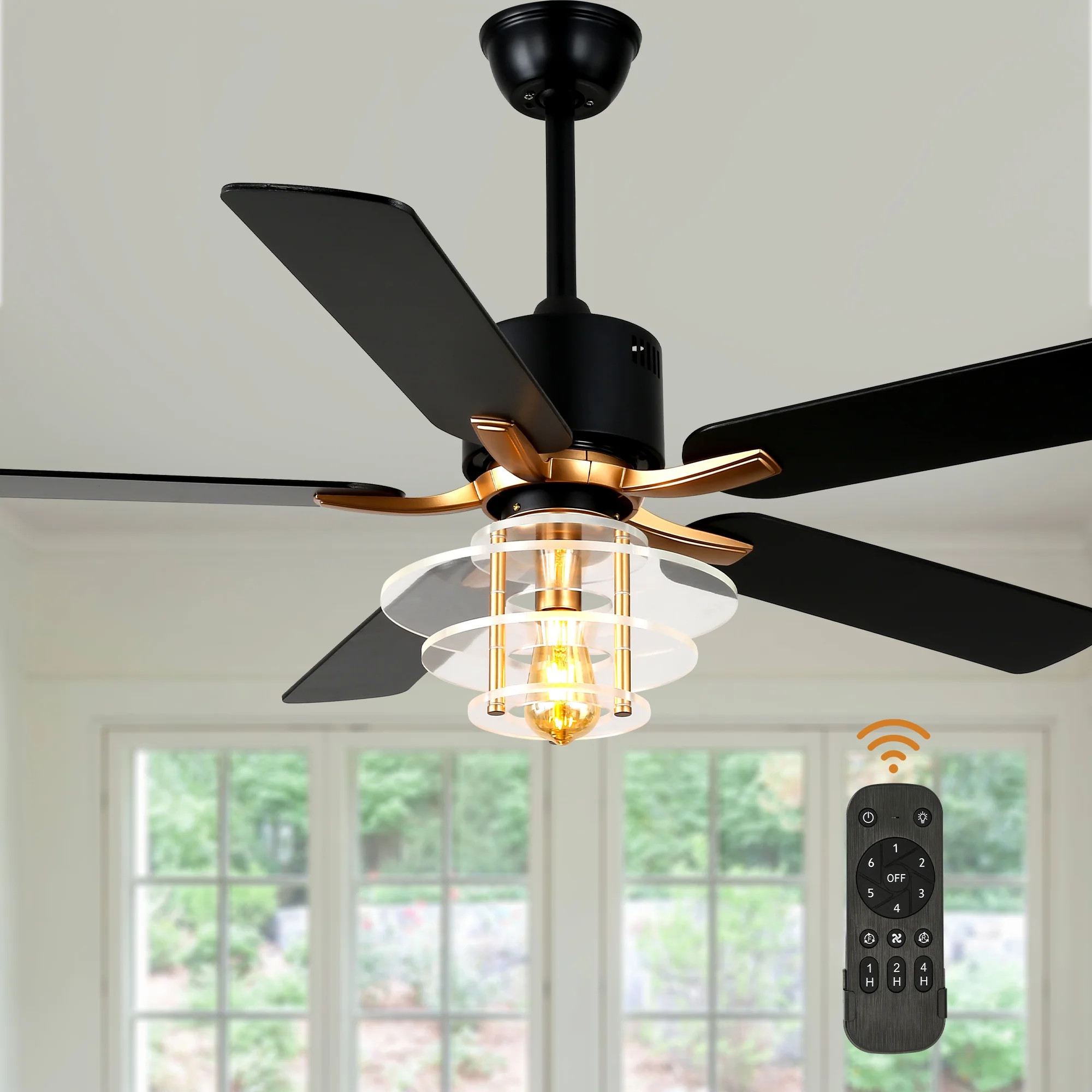 Bella Depot 52" Modern Black Ceiling Fan 6-Speed Reversible with Light and Remote Control