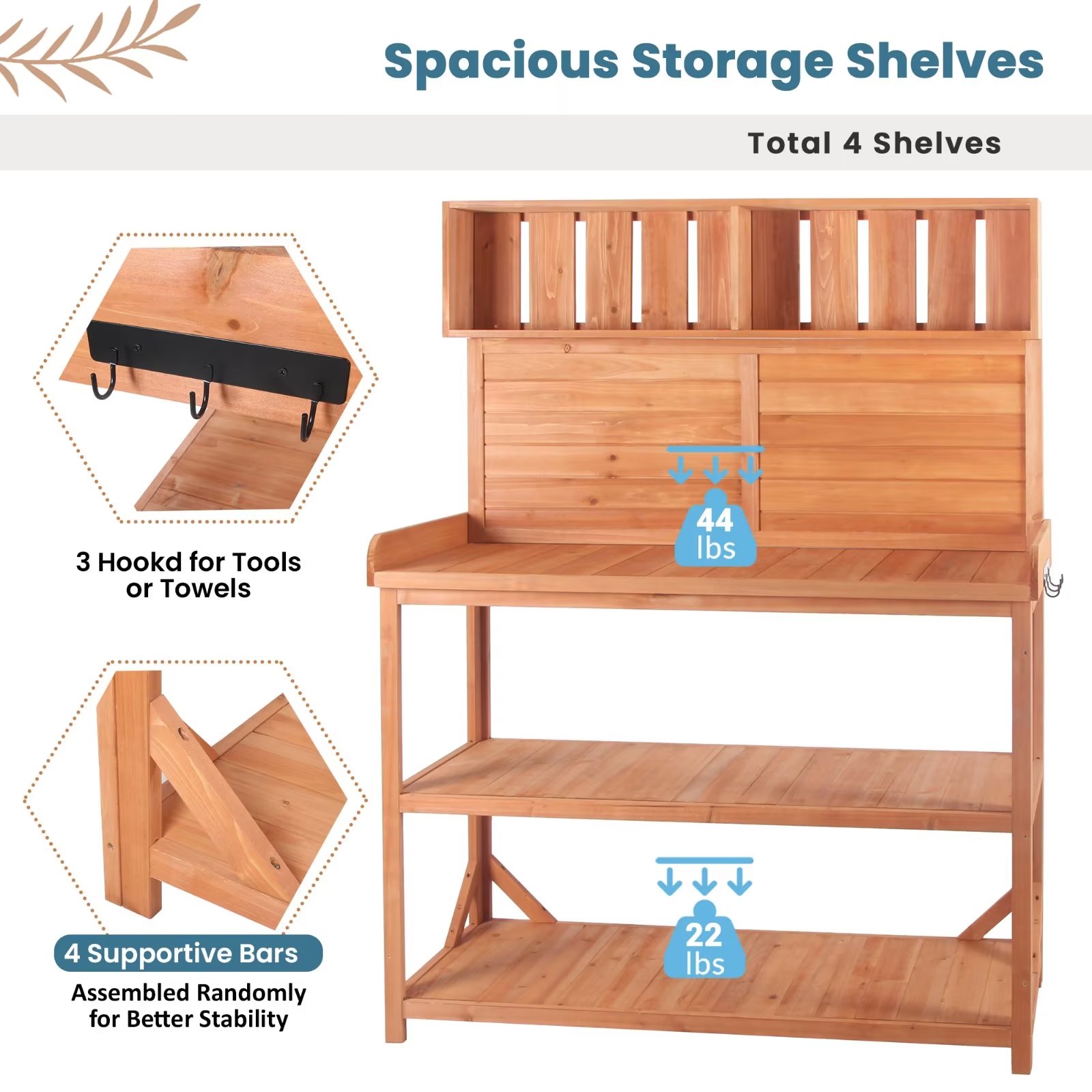 65" Outdoor Potting Bench Table, Farmhouse Wooden Garden Patio Workstation with 4 Storage Shelves and 3 Side Hooks, Multifunctional Potting Planting Table for Mudroom, Backyard, Natural