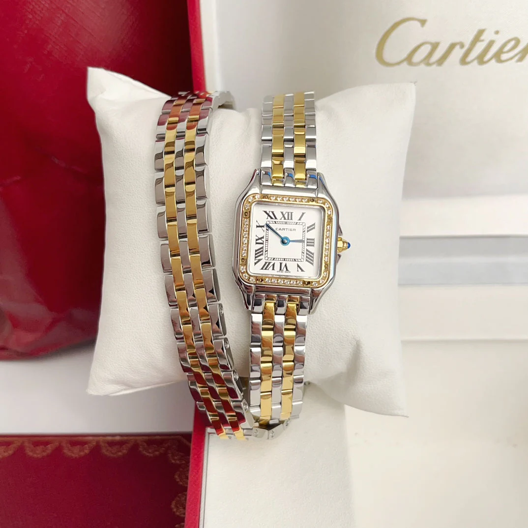 Cartier Watch Panthere 22mm Gold Silver Diamond Bezel Double Chain 44cm
