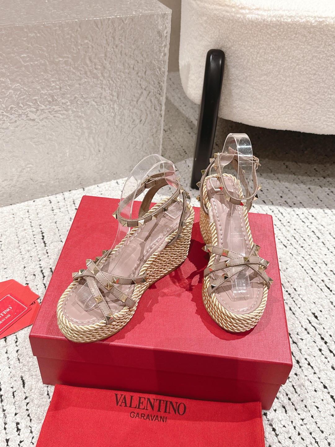 Valentino Garavani Rockstud Leather Crisscross Strap Platform Wedge Jute Espadrille Sandals Heel
