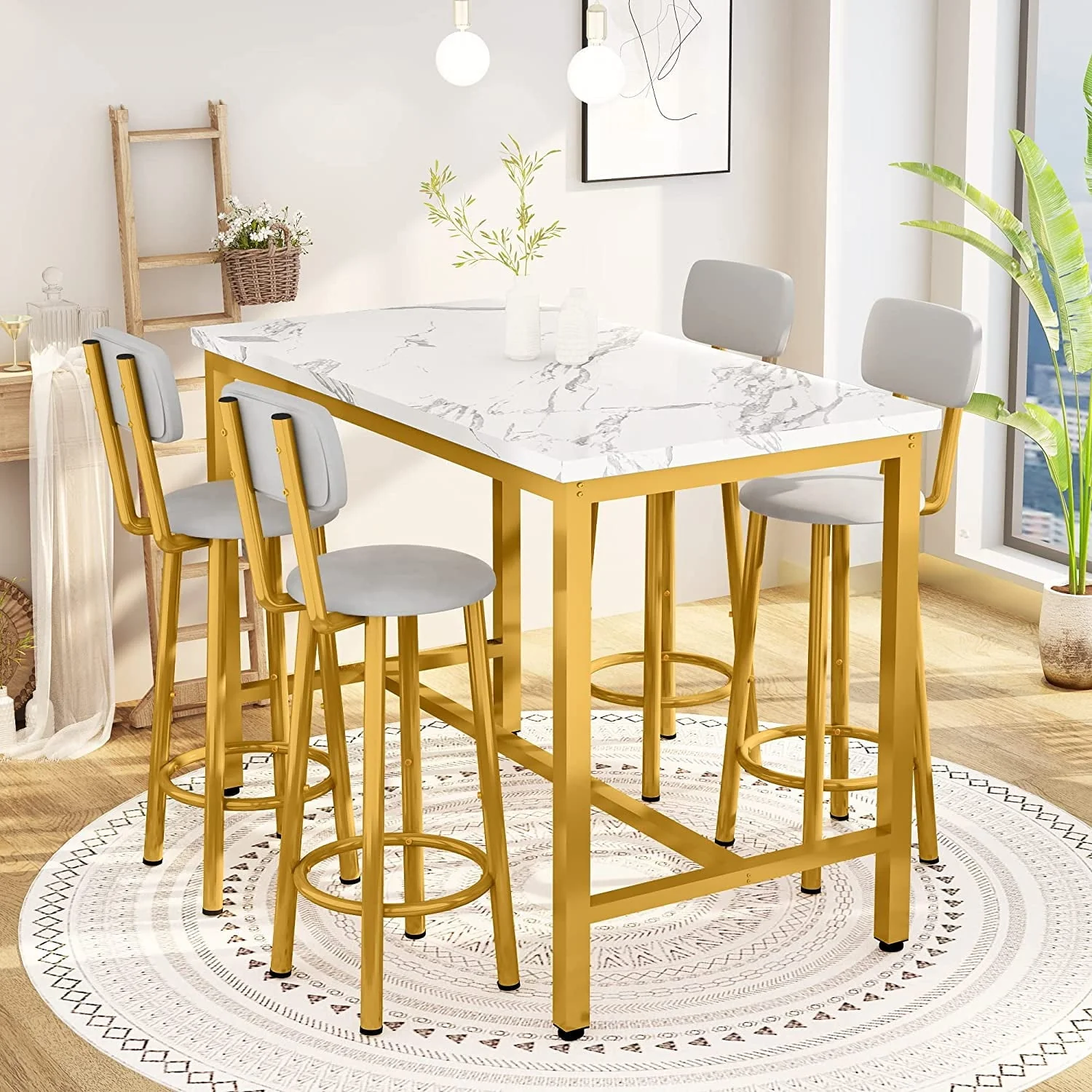 Recaceik Bar Table and Chairs Set Industrial Counter 35.4"H Table Set with 4 PU Upholstered Stools