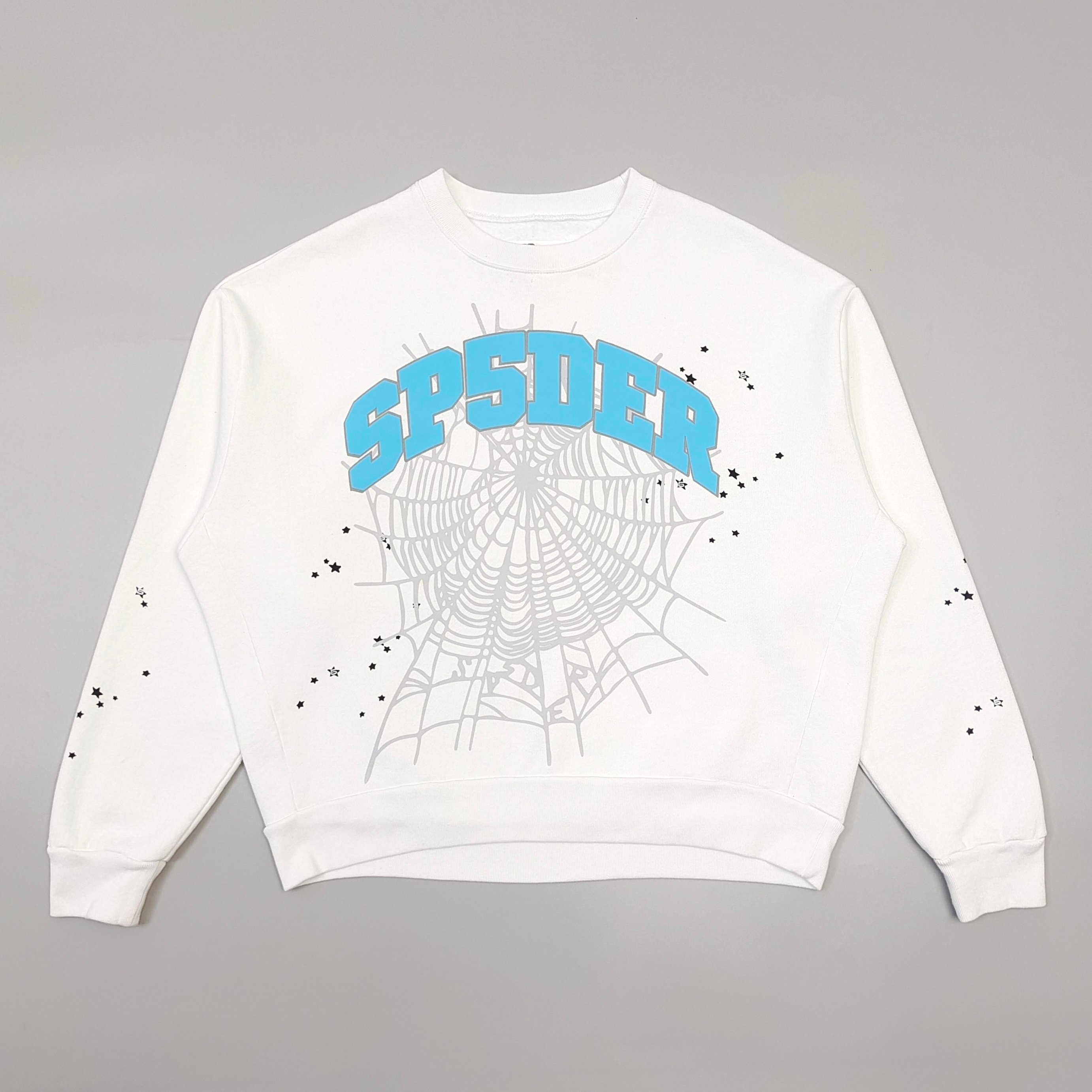 1:1 blue font on gray mesh, white round-neck sweater