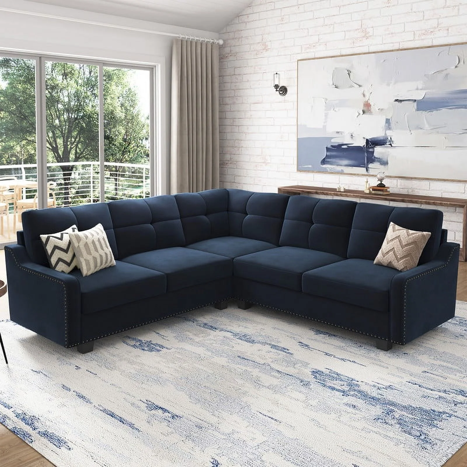 HONBAY Rivet Corner Sofa L-Shaped Sofa Couch Reversible 4-Seater Couch for Living Room and Apartment, Dark Blue