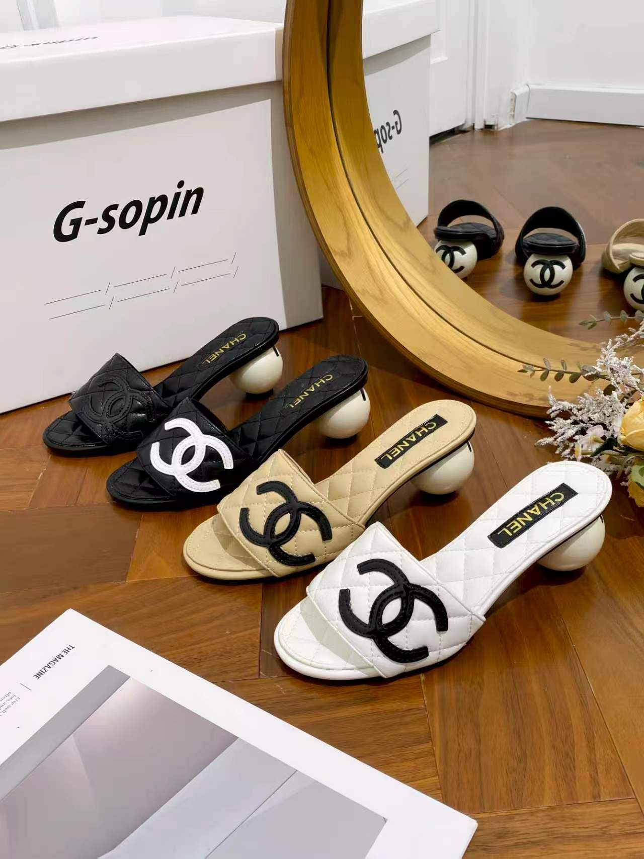 Chanel Quilted CC Logo Pearl-Heel Mules
