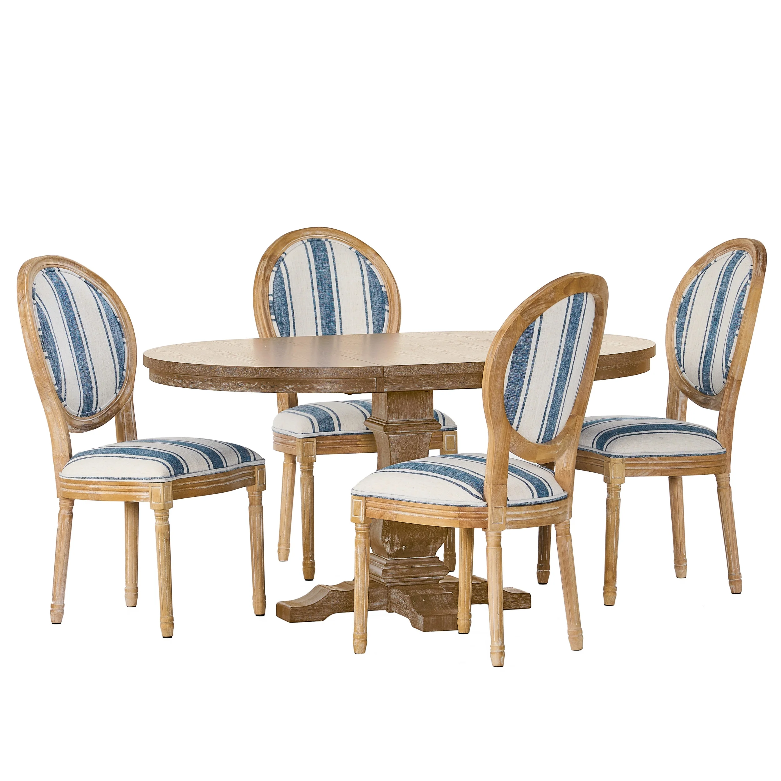Noble House Dason Fabric and Wood 5 Piece Dining Set, Dark Blue Stripe and Natural