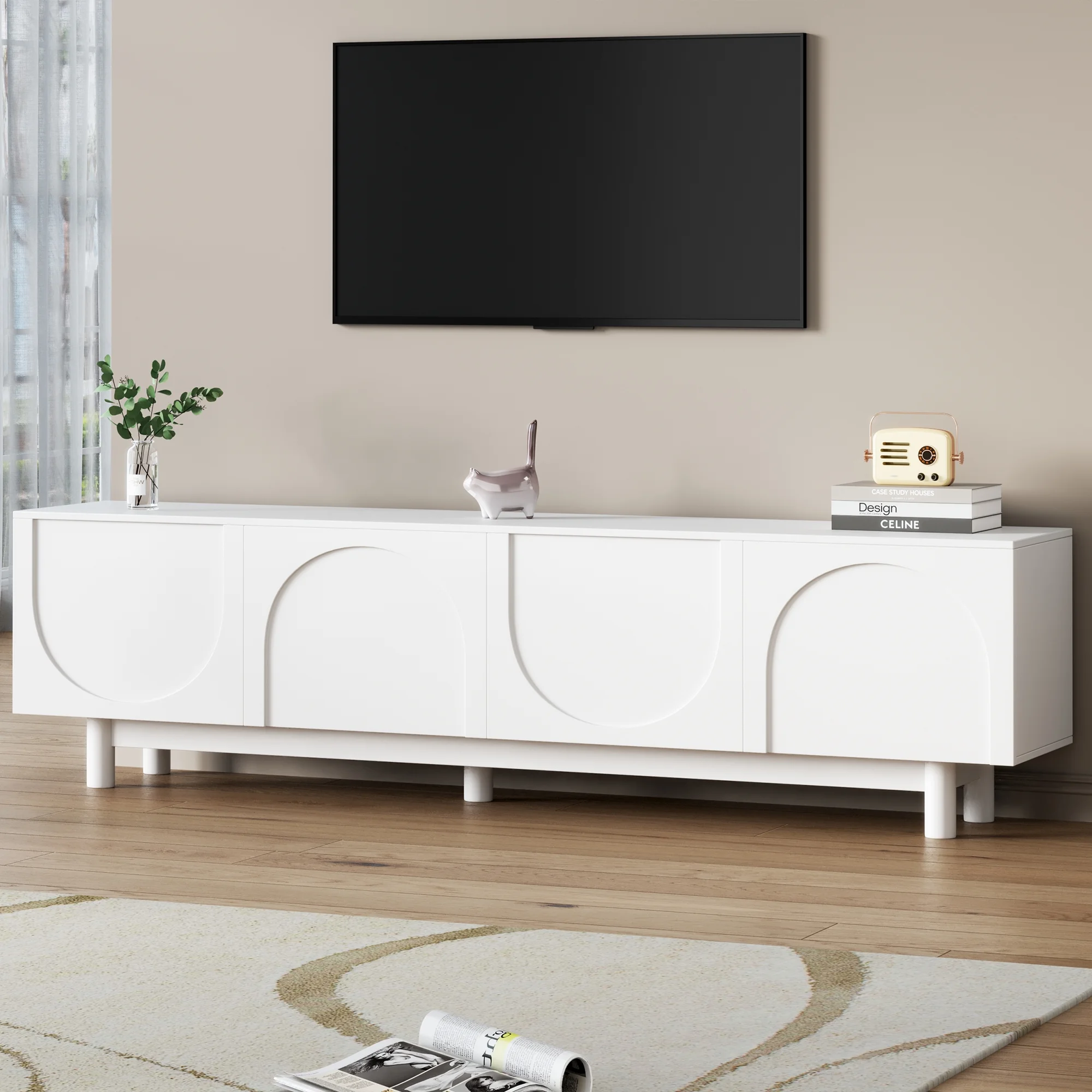 71" Graceful TV Stand with Arch Cabinets??Minimalist Media Console for 78" TVs, White Entertainment Center with Solid Wood Legs & Adjustable Shelves