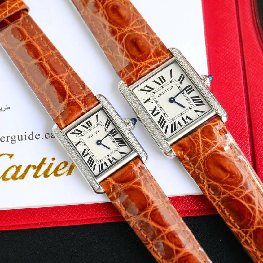 Cartier Watch TANK MUST SMALL STEEL DIAMOND BEZEL LEATHER STRAP EWHITE DIAL