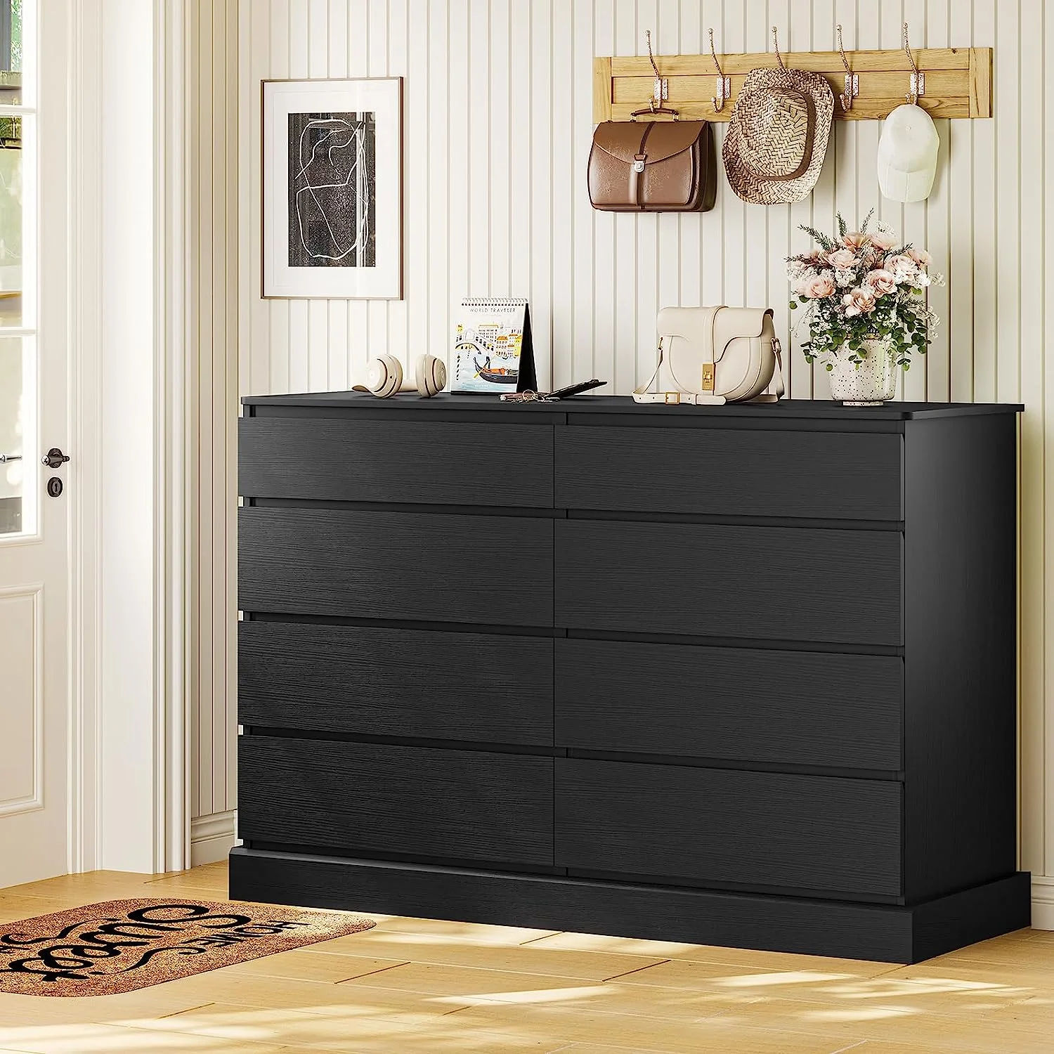 8 Drawers Double Dresser Wooden Black Chest of Drawers for Bedroom, Large Storage Cabinet for Home Living Room