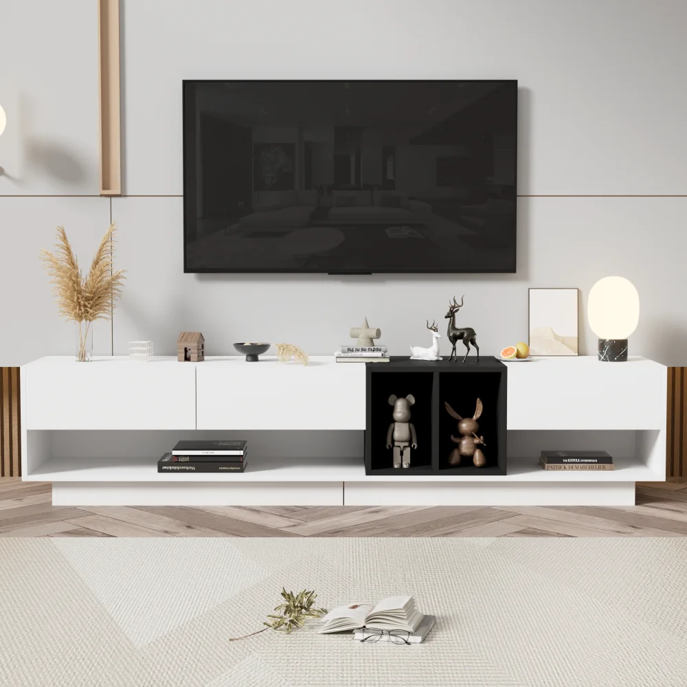 Modern TV Stand for 80 Inch TV, ON-TREND Sleek Two-Tone Media Console, Functional Storage Cabinet with Open & Hidden Compartments, Particle Board, Living Room Furniture, White
