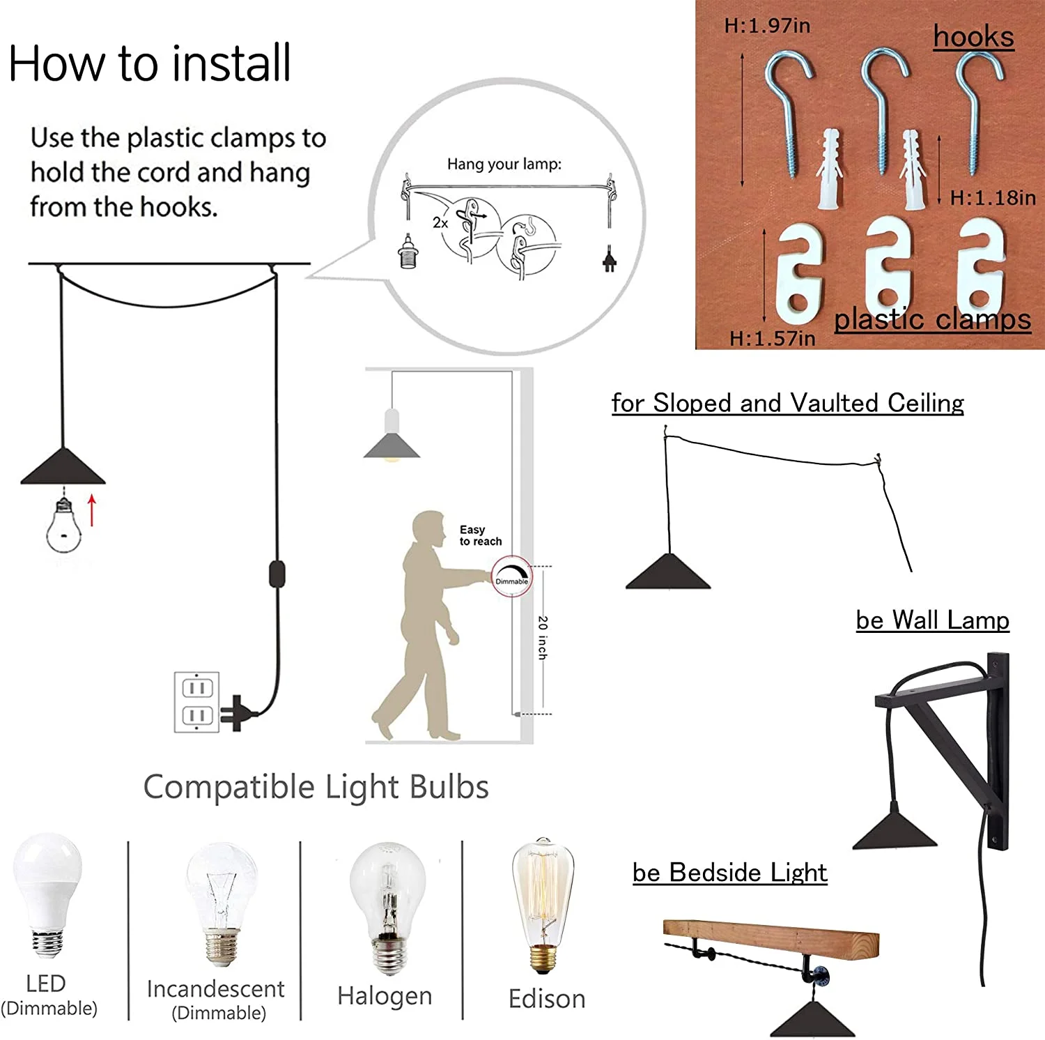 FSLiving Hanging Swag Lamp No Wiring Needed Wooden Handle Pendant Light with UL 15ft Plug-in On/Off Dimmer Switch Cord Macaron Grey Lamp Nordic Minimalist for Store,Bulb Sold Separately - 1 Light